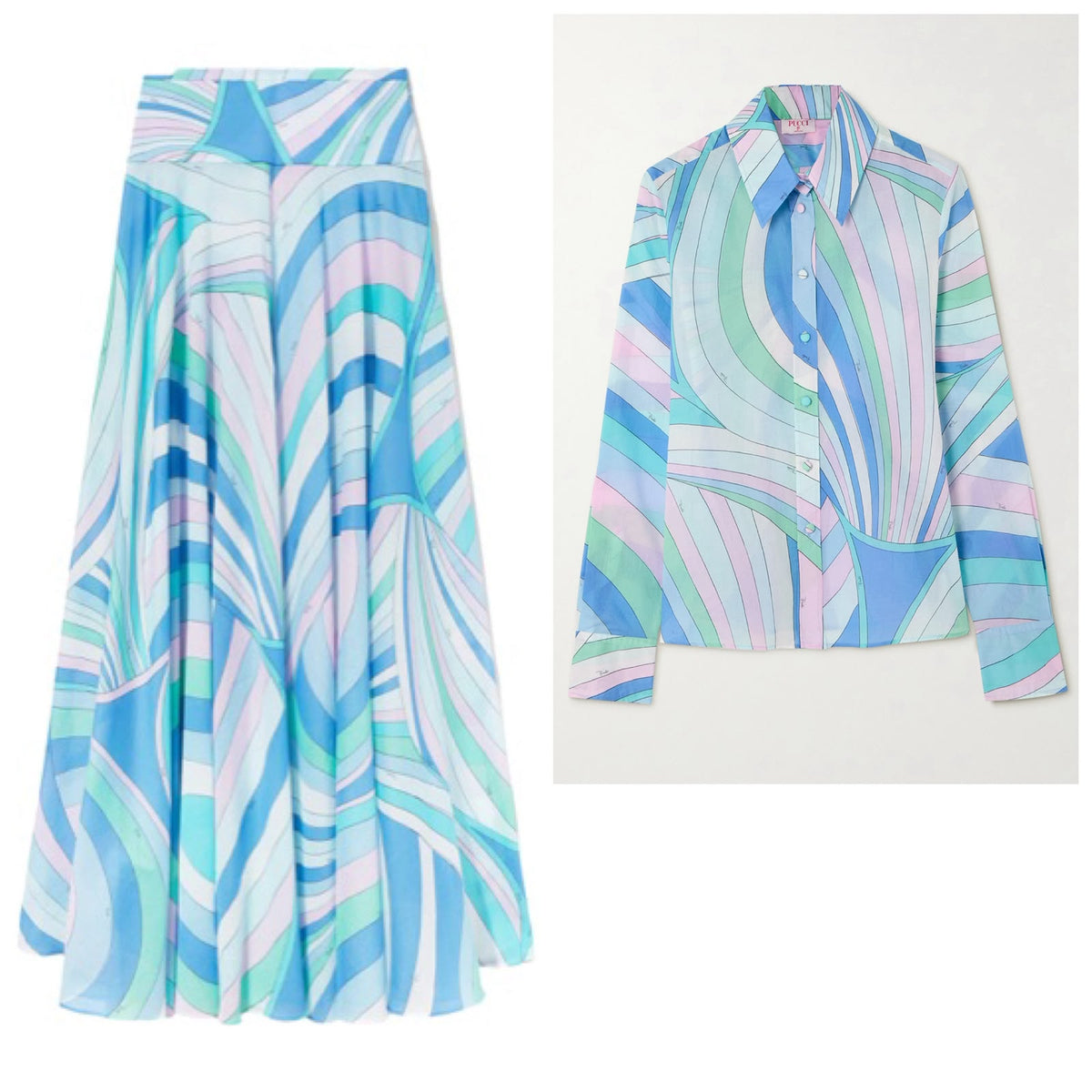 Pucci Iride-Print Silk Twill Shirt & Maxi Skirt Set
