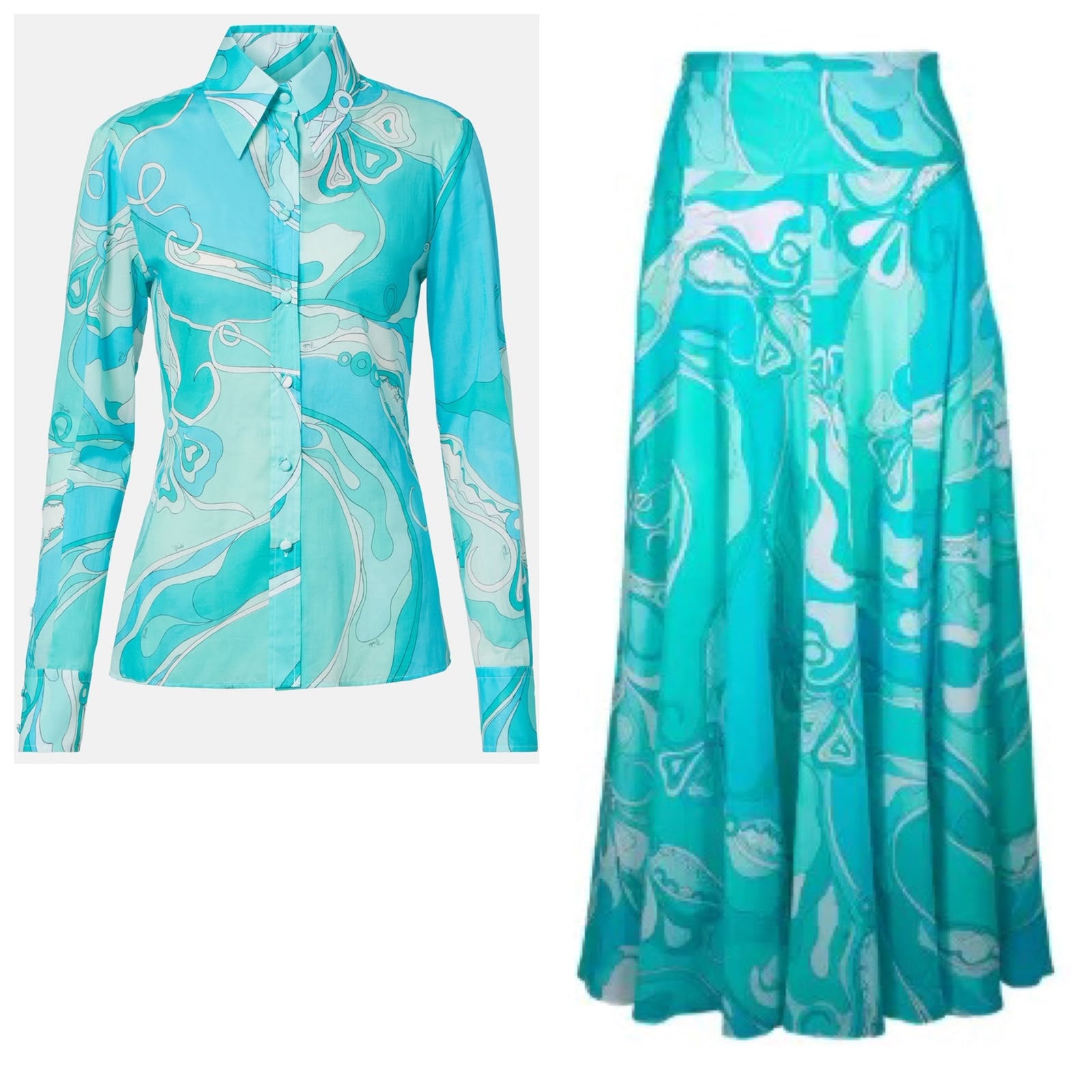Pucci Iride-Print Silk Twill Shirt & Maxi Skirt Set