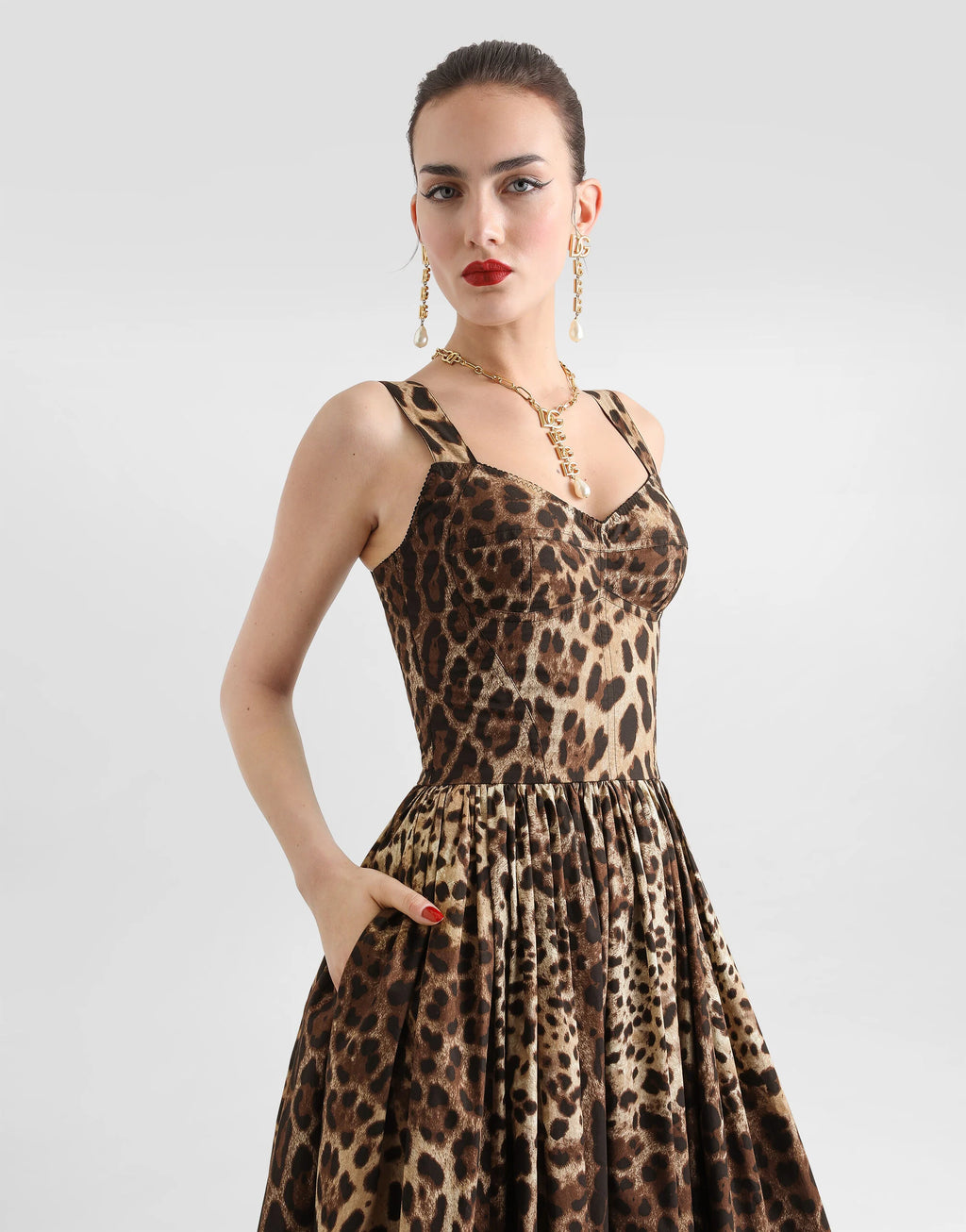 Dolce & Gabbana Leopard-Print Cotton Poplin Maxi Bustier Dress