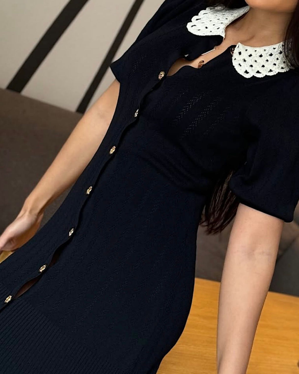 Sandro Black Knit Crochet Collar Villa Midi Dress