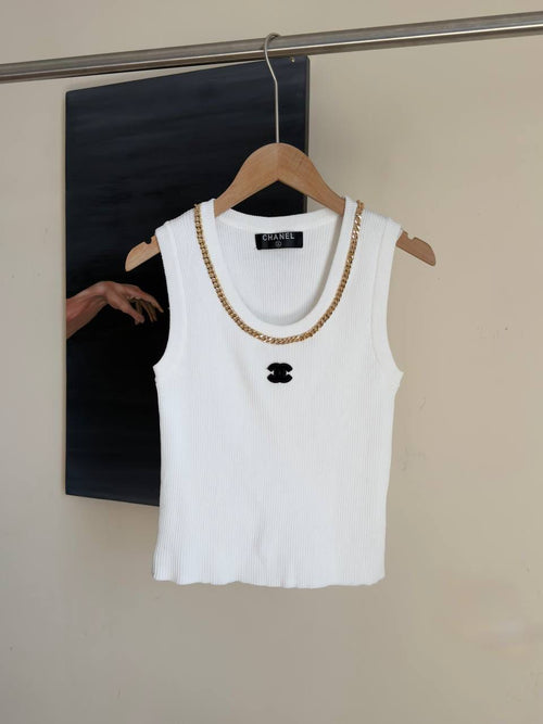 CHANEL CC Logo Cotton Silk Sleeveless Ribbed Tank