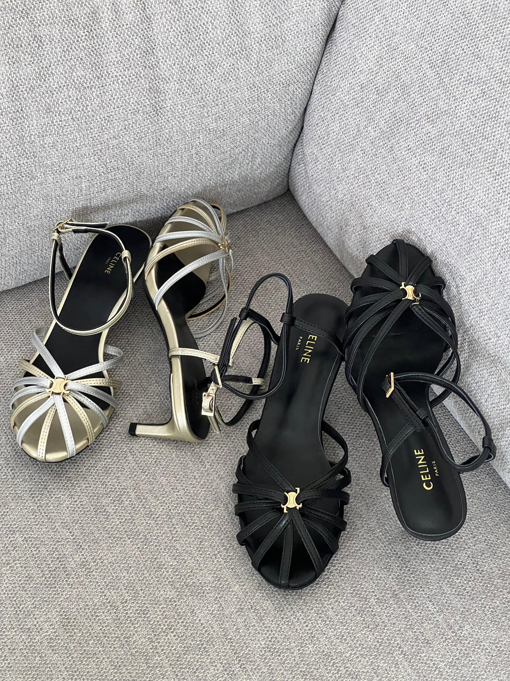 Celine Triumph Silver Gold Metallic Mid-Heel Sandal