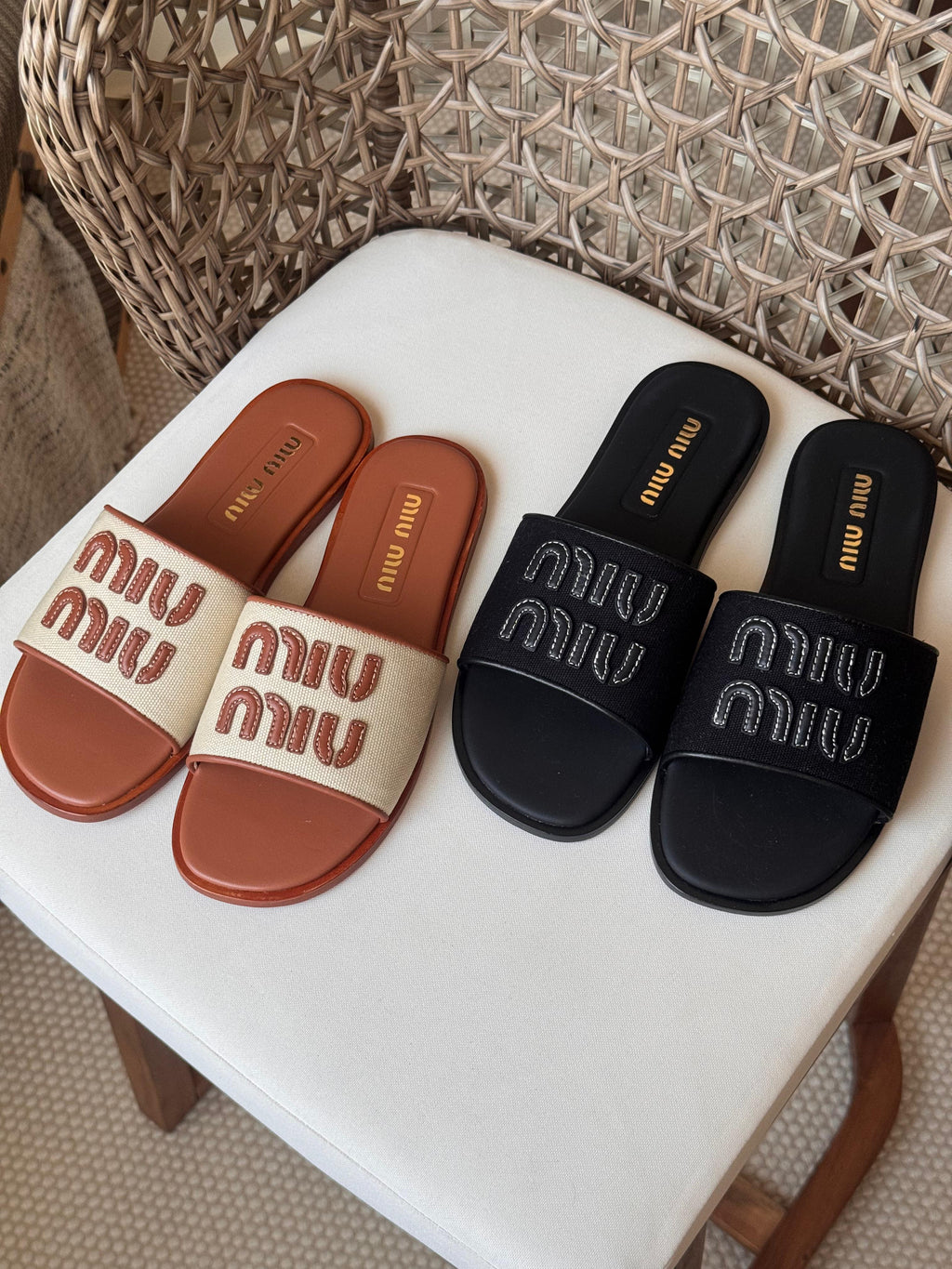 Miu Miu Canvas and leather slide sandals
