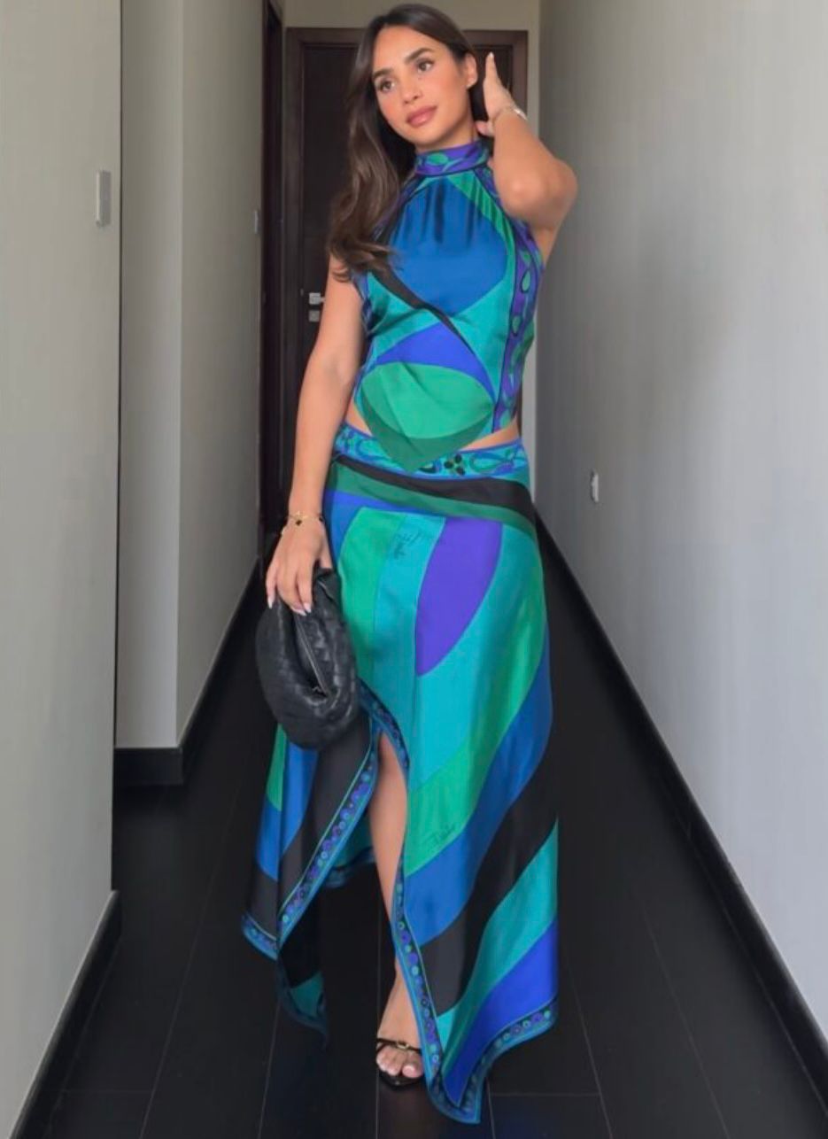 PUCCI Iride Asymmetric Silk Midi Skirt in Blue