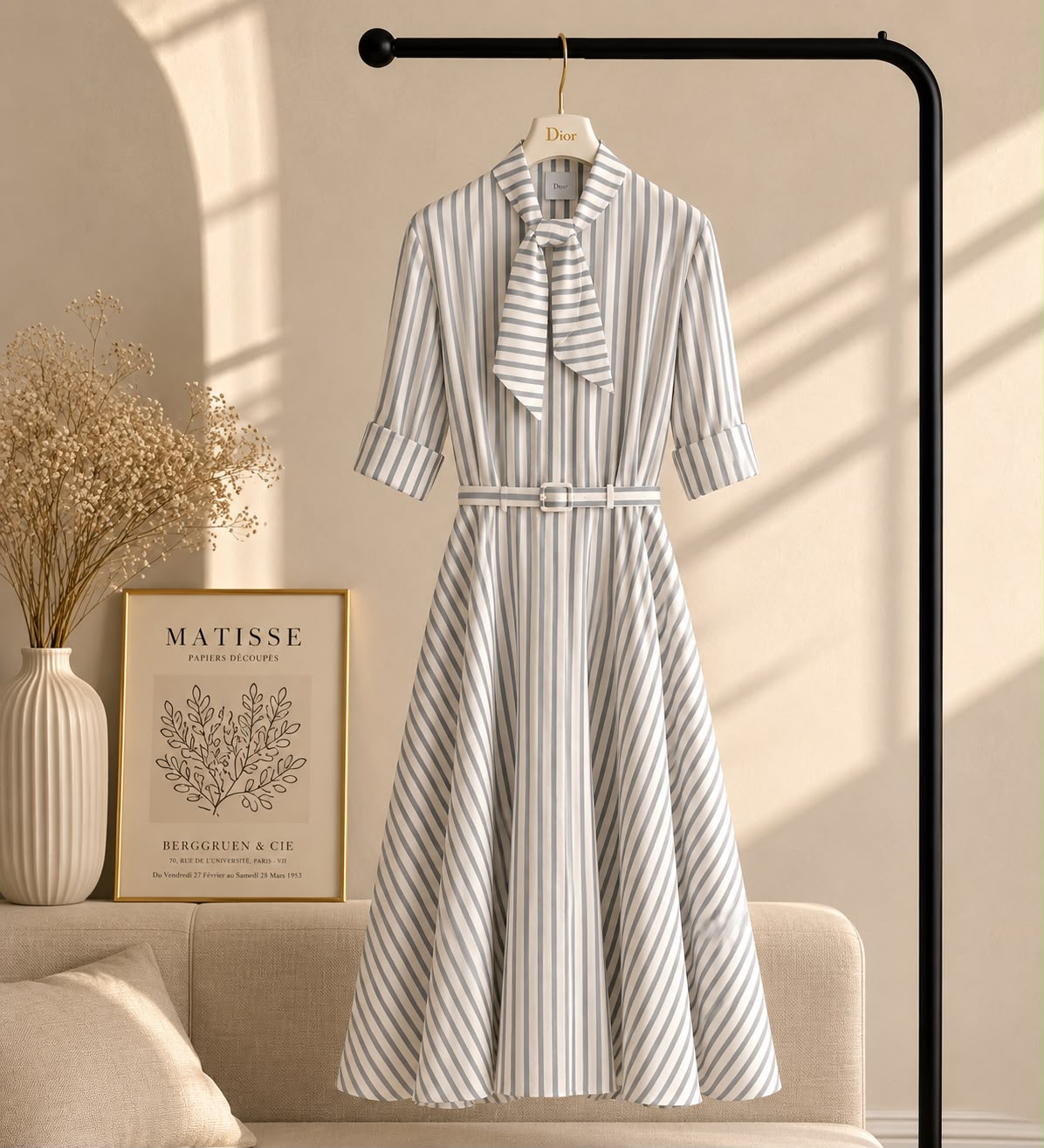 Dior Mid-Length Belted Dress Gray and White