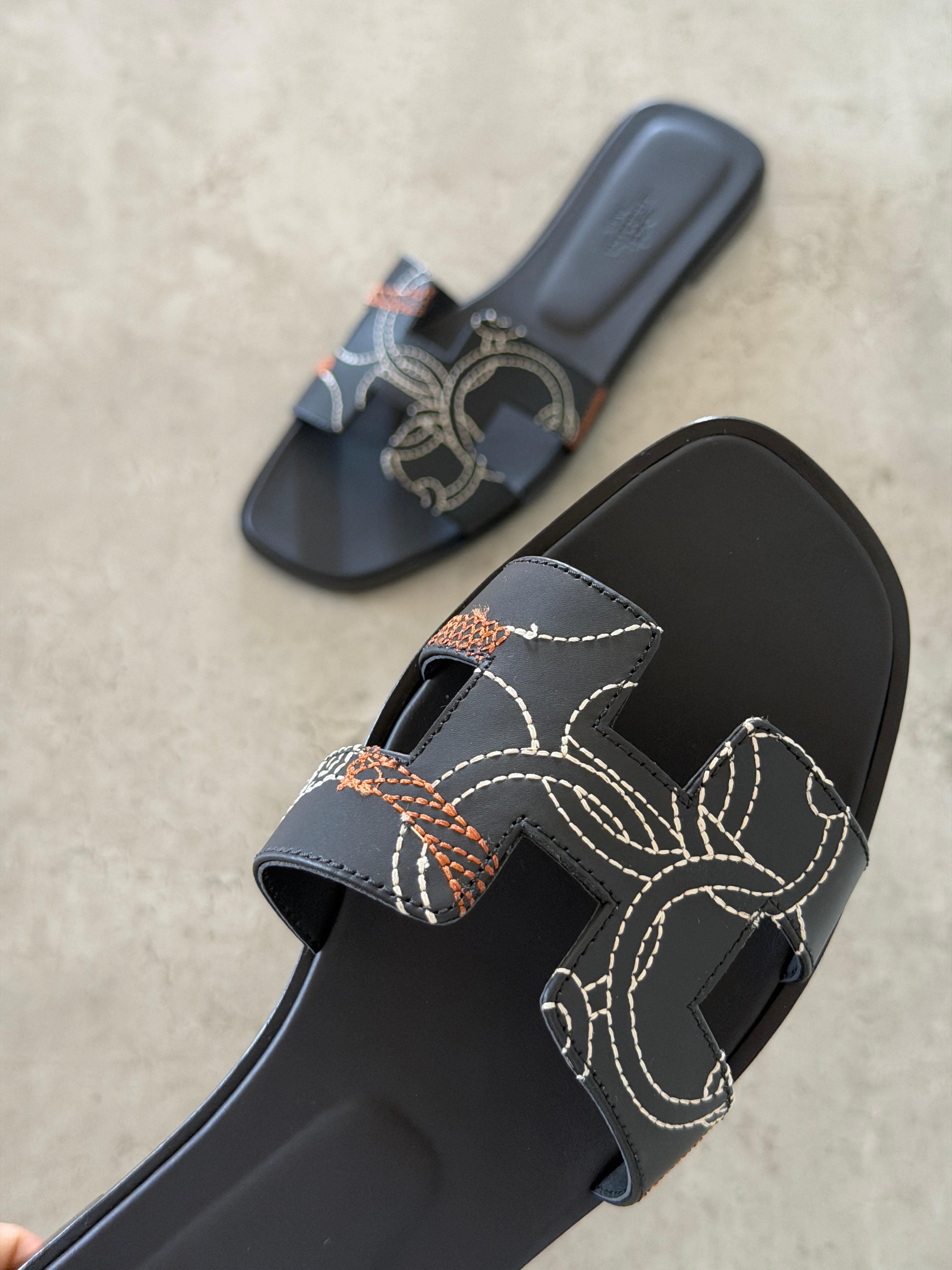 Hermes Oran Sandal in Panoplie Equestre Embroidered