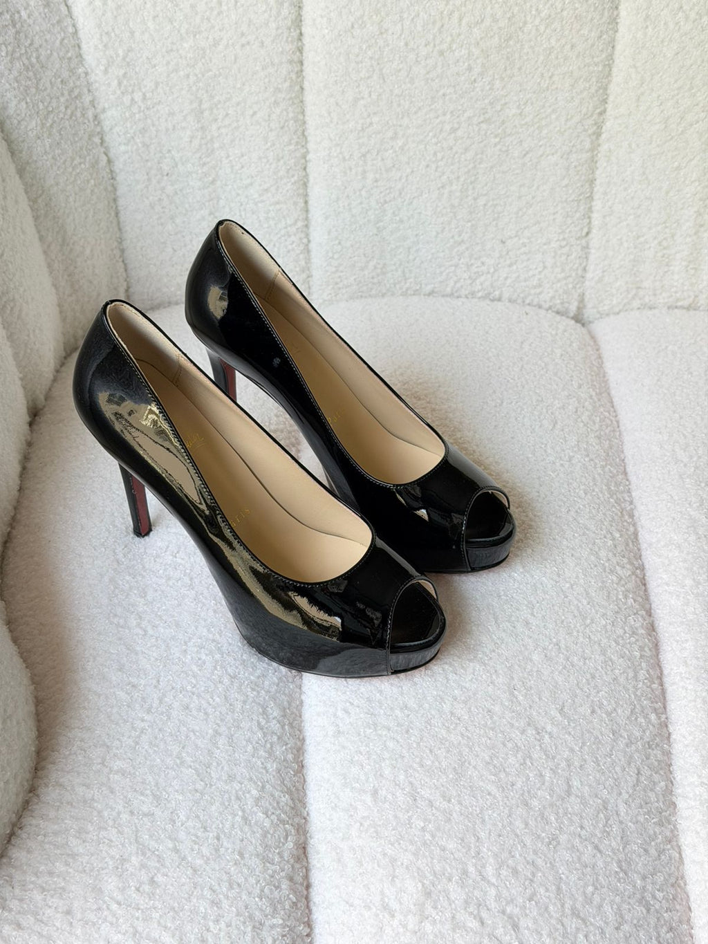 Christian Louboutin Black Patent Leather Vendome 120 Peep Toe Pumps