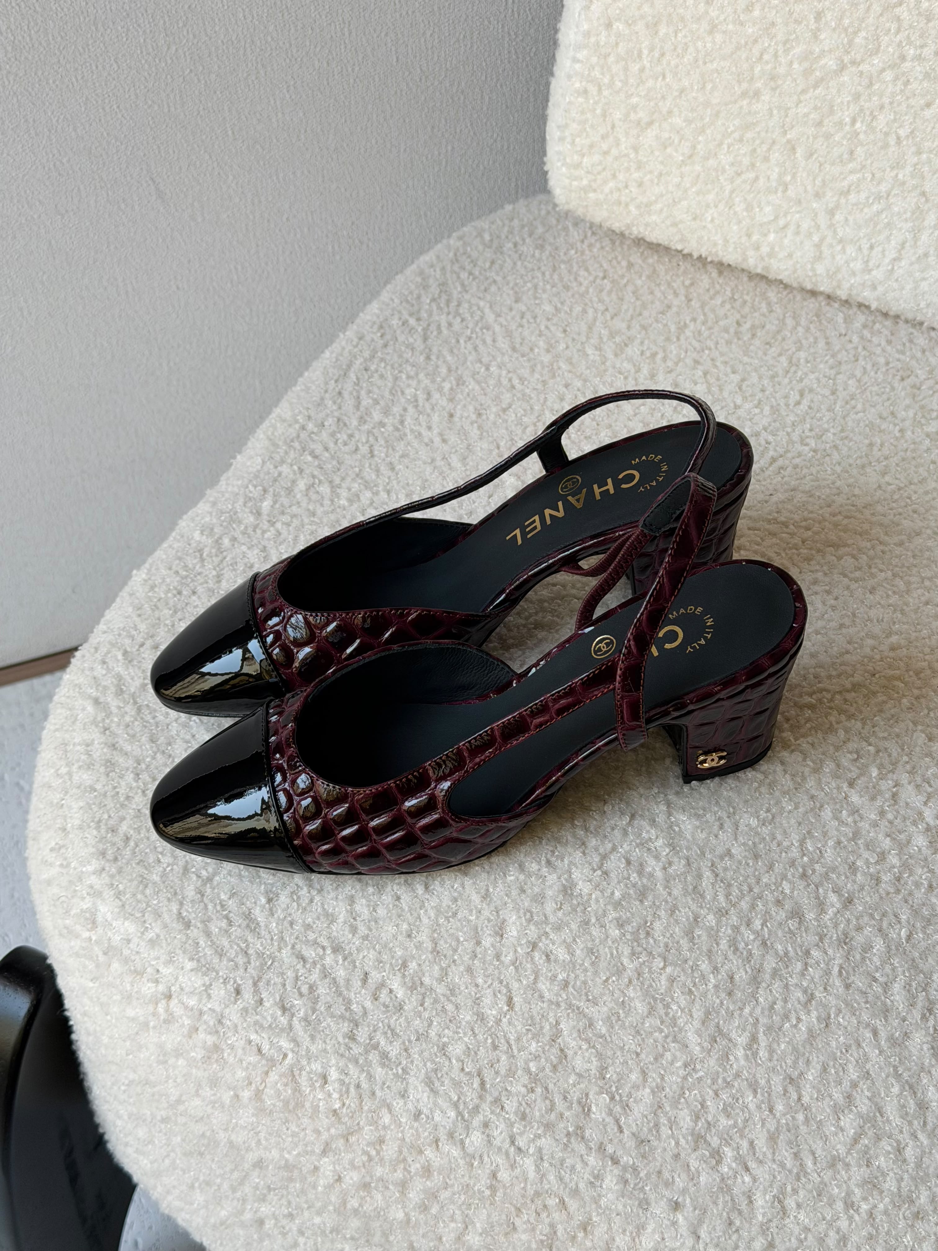 Chanel Patent Calfskin Crocodile Embossed Slingbacks