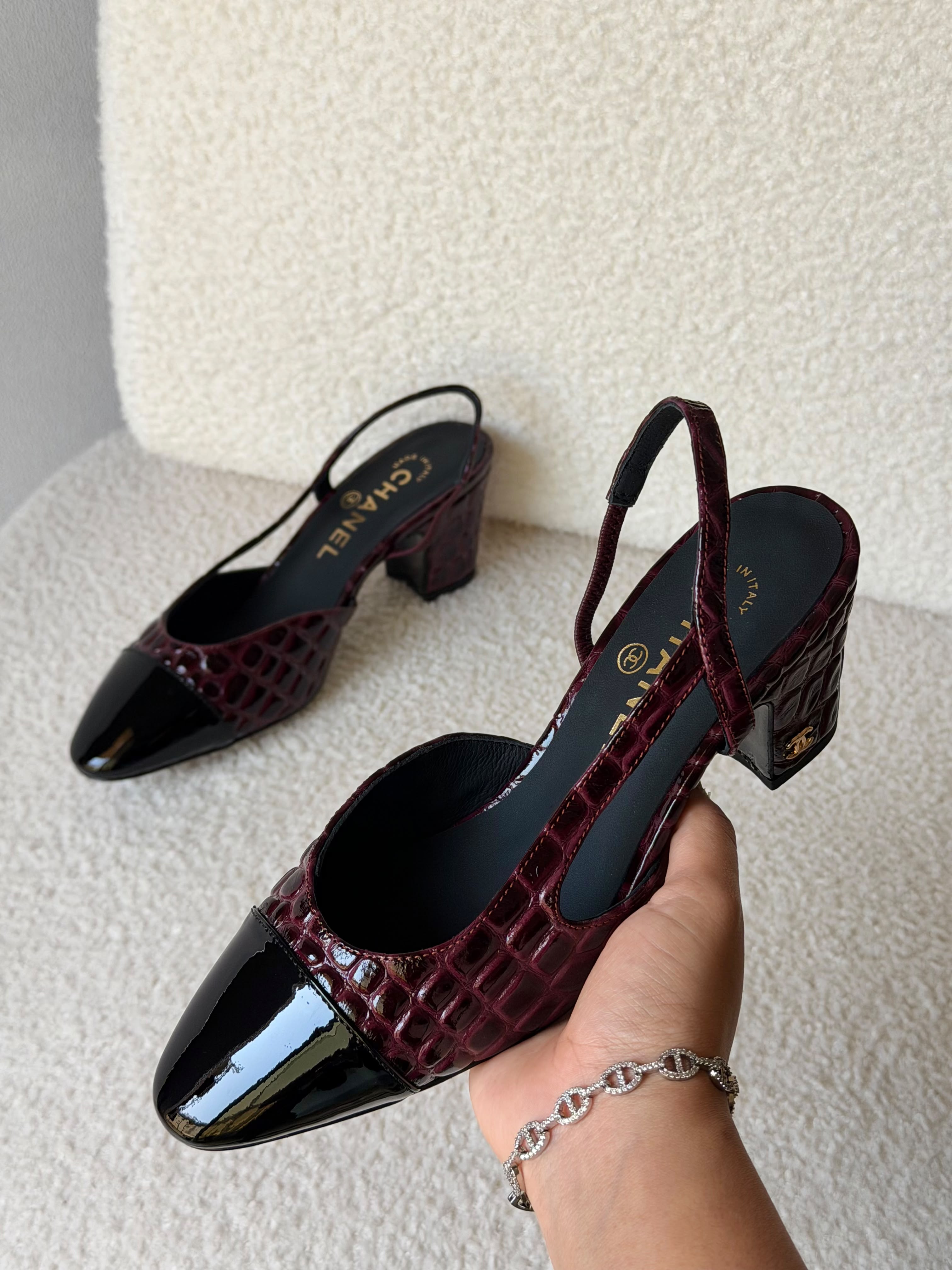 Chanel Patent Calfskin Crocodile Embossed Slingbacks