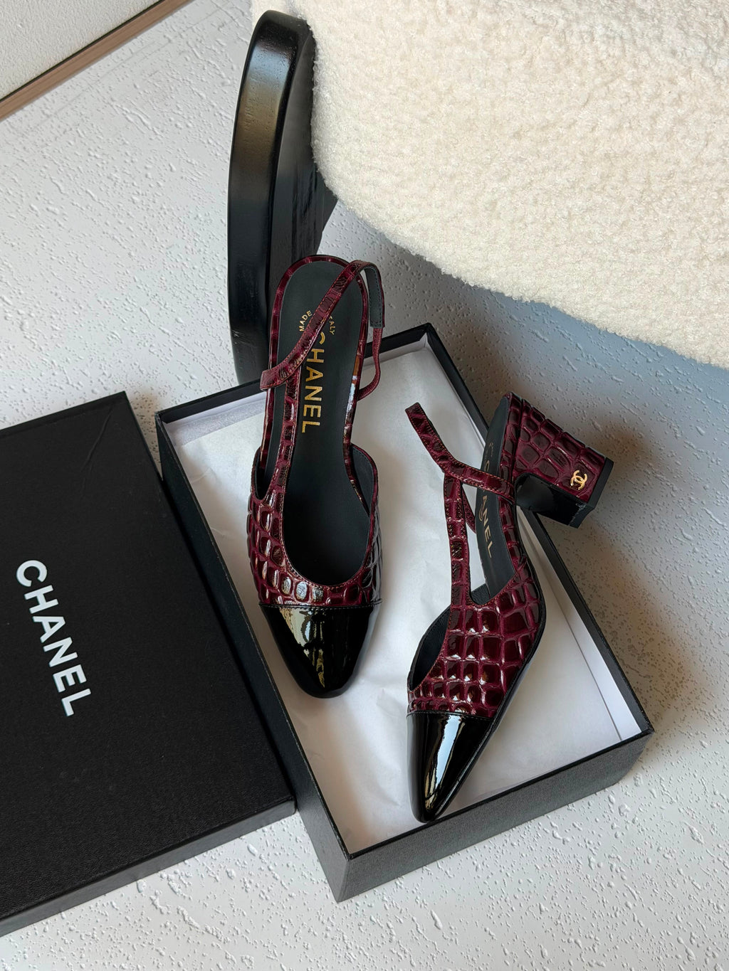 Chanel Patent Calfskin Crocodile Embossed Slingbacks