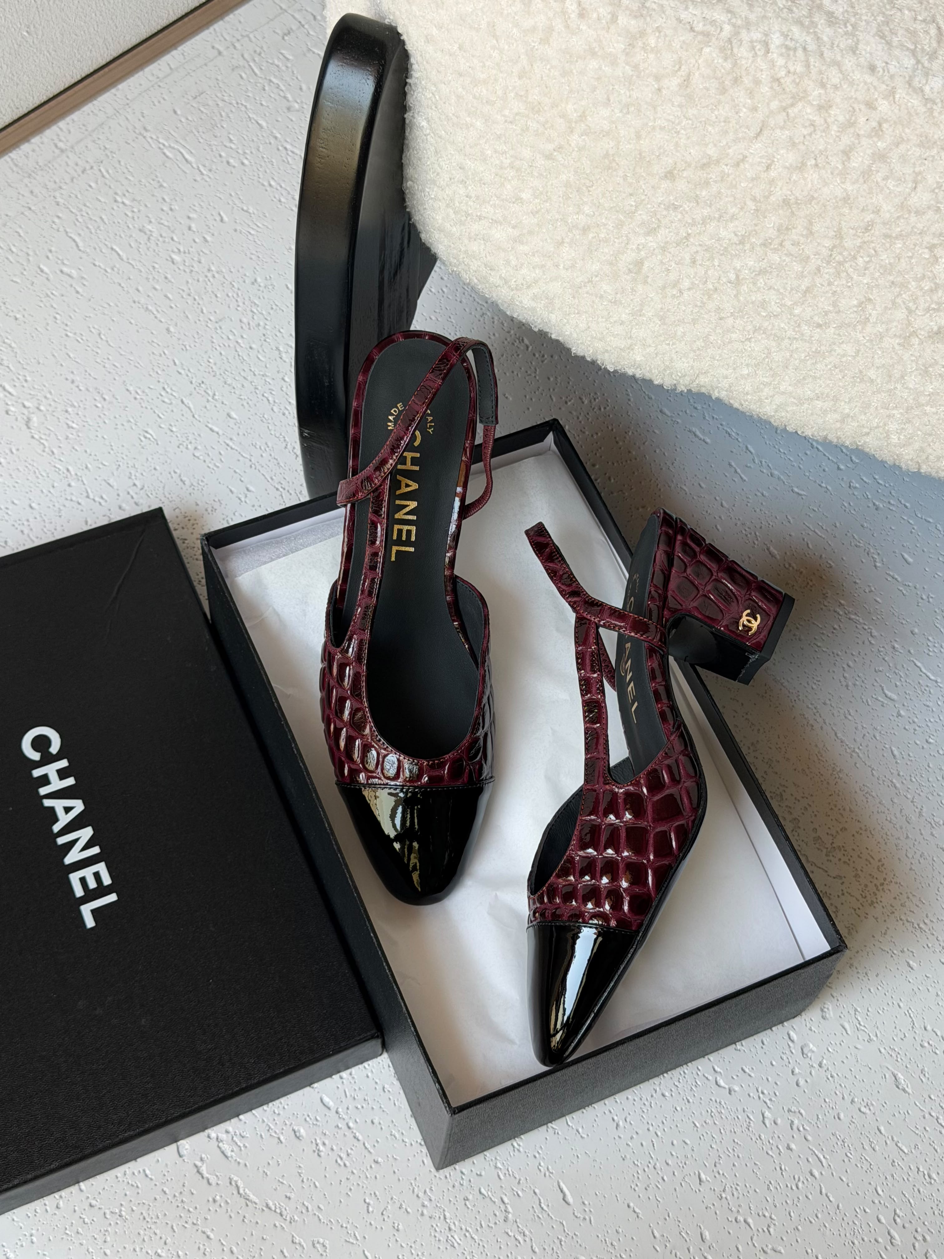 Chanel Patent Calfskin Crocodile Embossed Slingbacks