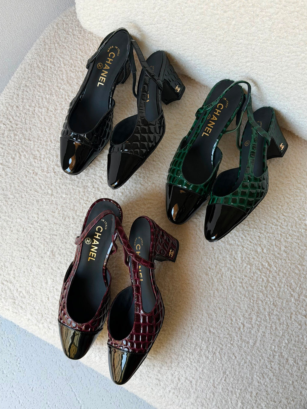 Chanel Patent Calfskin Crocodile Embossed Slingbacks