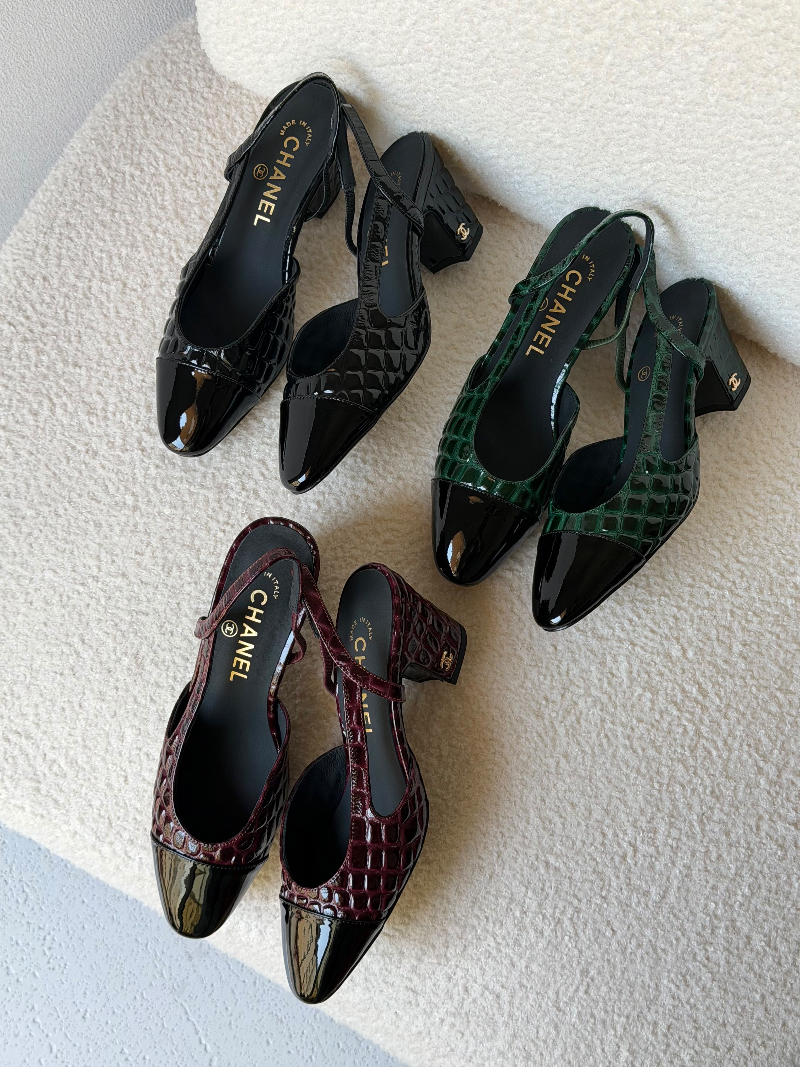 Chanel Patent Calfskin Crocodile Embossed Slingbacks