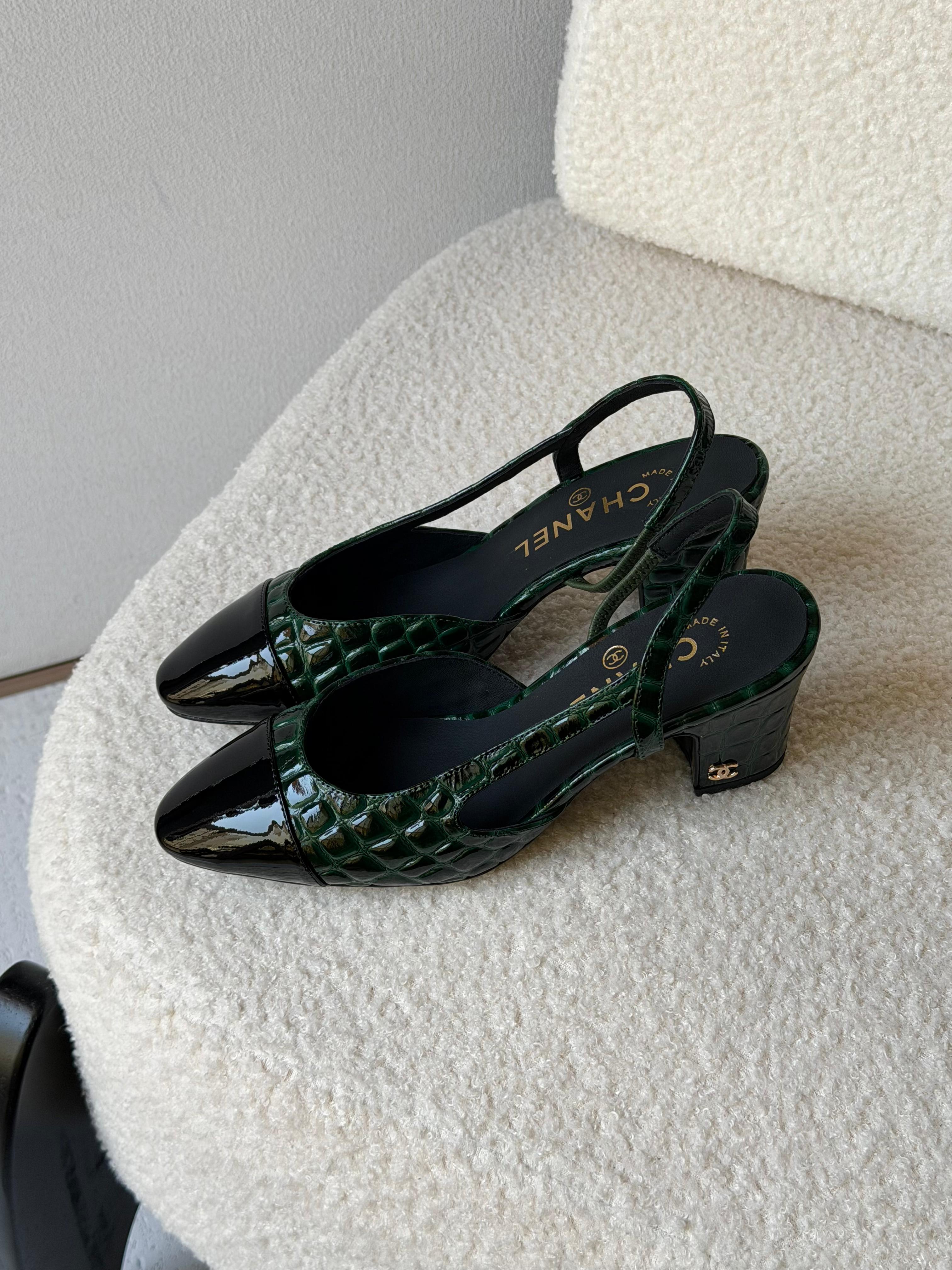 Chanel Patent Calfskin Crocodile Embossed Slingbacks