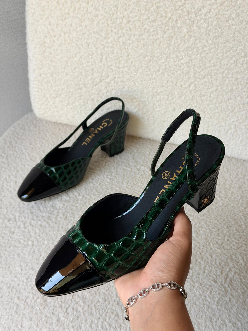 Chanel Patent Calfskin Crocodile Embossed Slingbacks