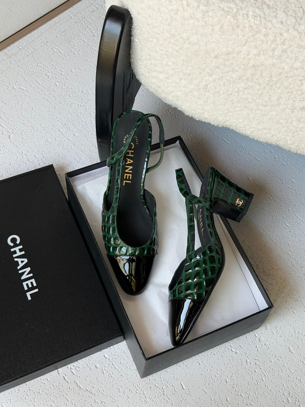 Chanel Patent Calfskin Crocodile Embossed Slingbacks