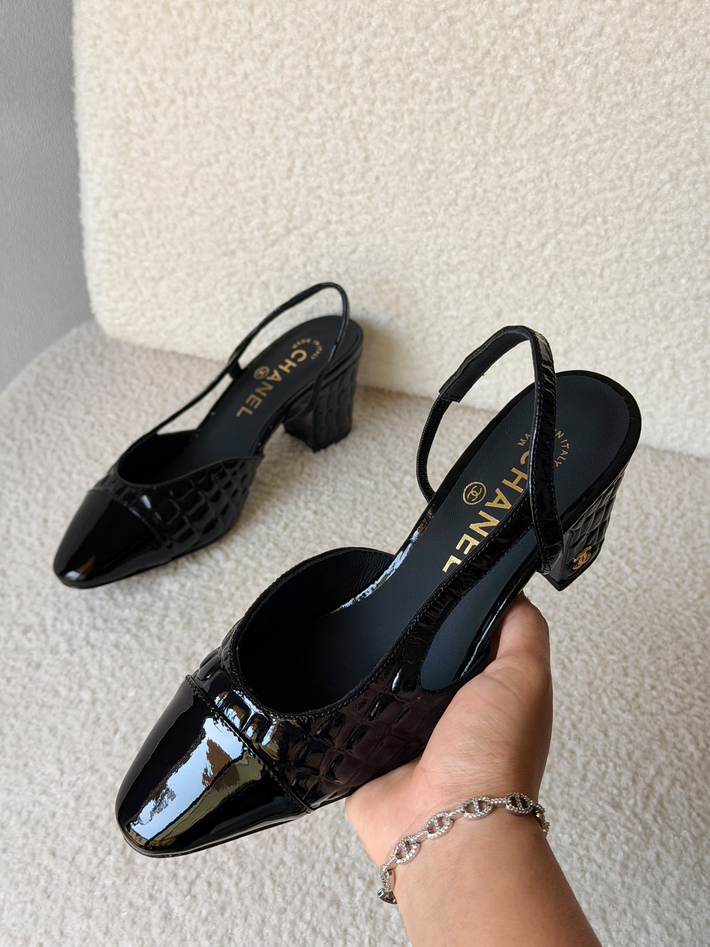 Chanel Patent Calfskin Crocodile Embossed Slingbacks