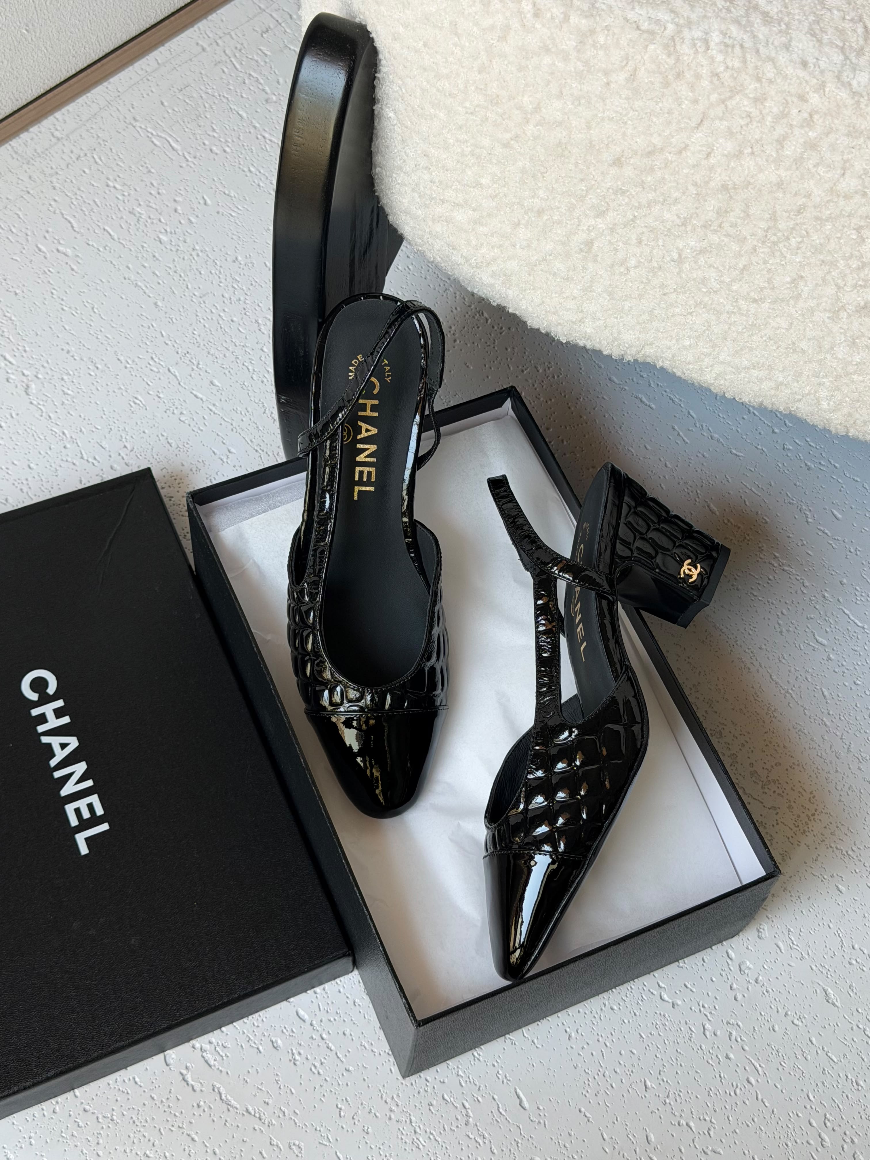Chanel Patent Calfskin Crocodile Embossed Slingbacks