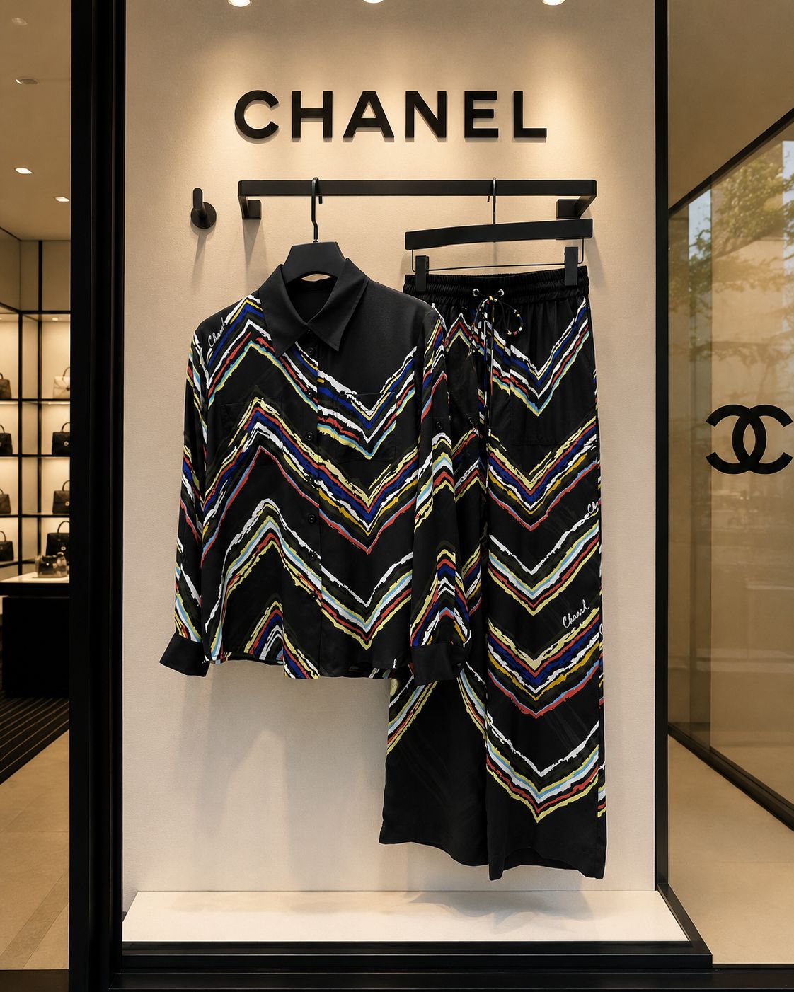 Chanel Shirt & Trousers  Silk Black & Multicoloured