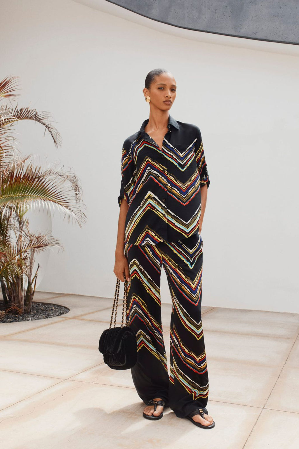 Chanel Shirt & Trousers  Silk Black & Multicoloured