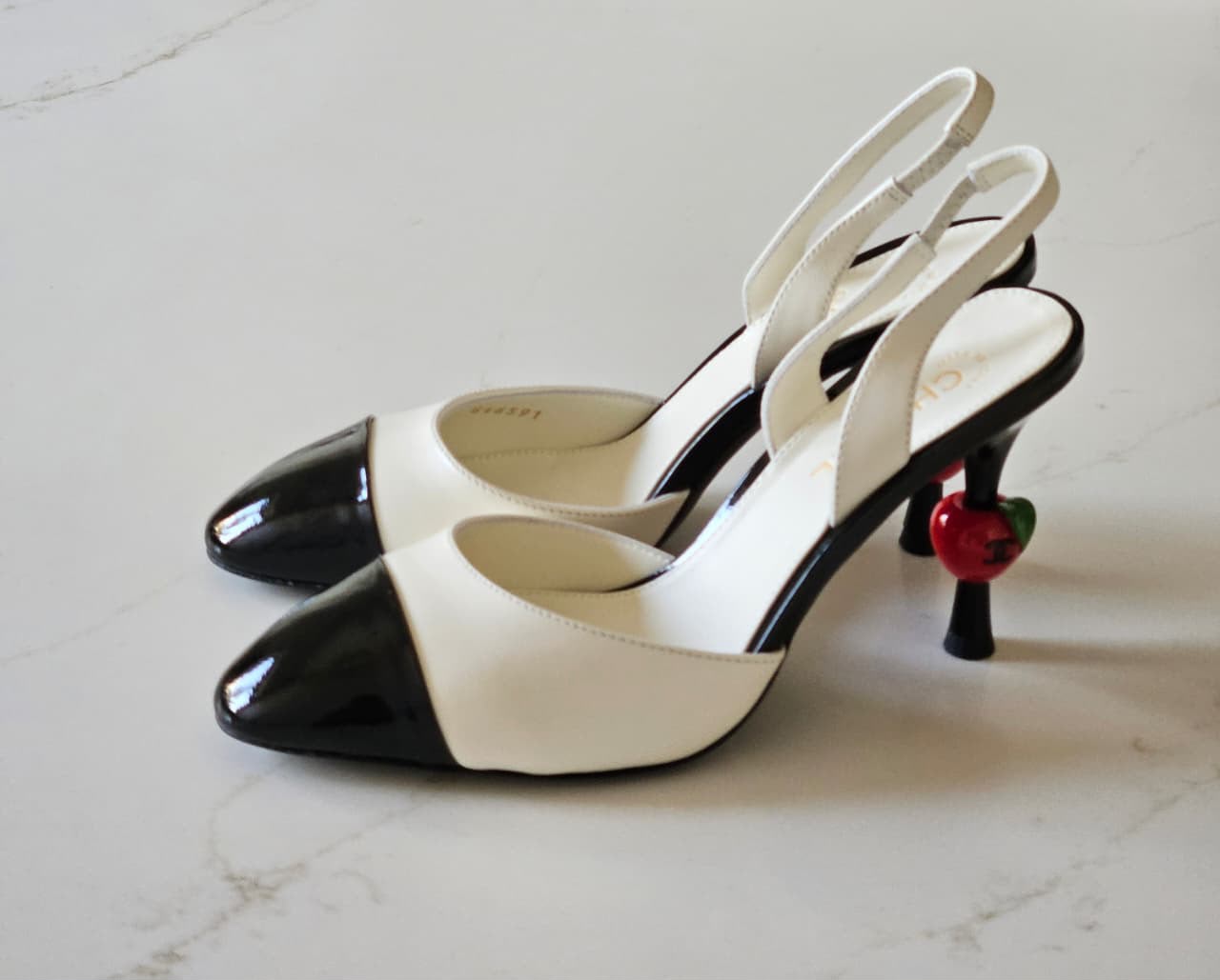 Chanel Lambskin Patent Cap Toe CC Apple Slingback Pump