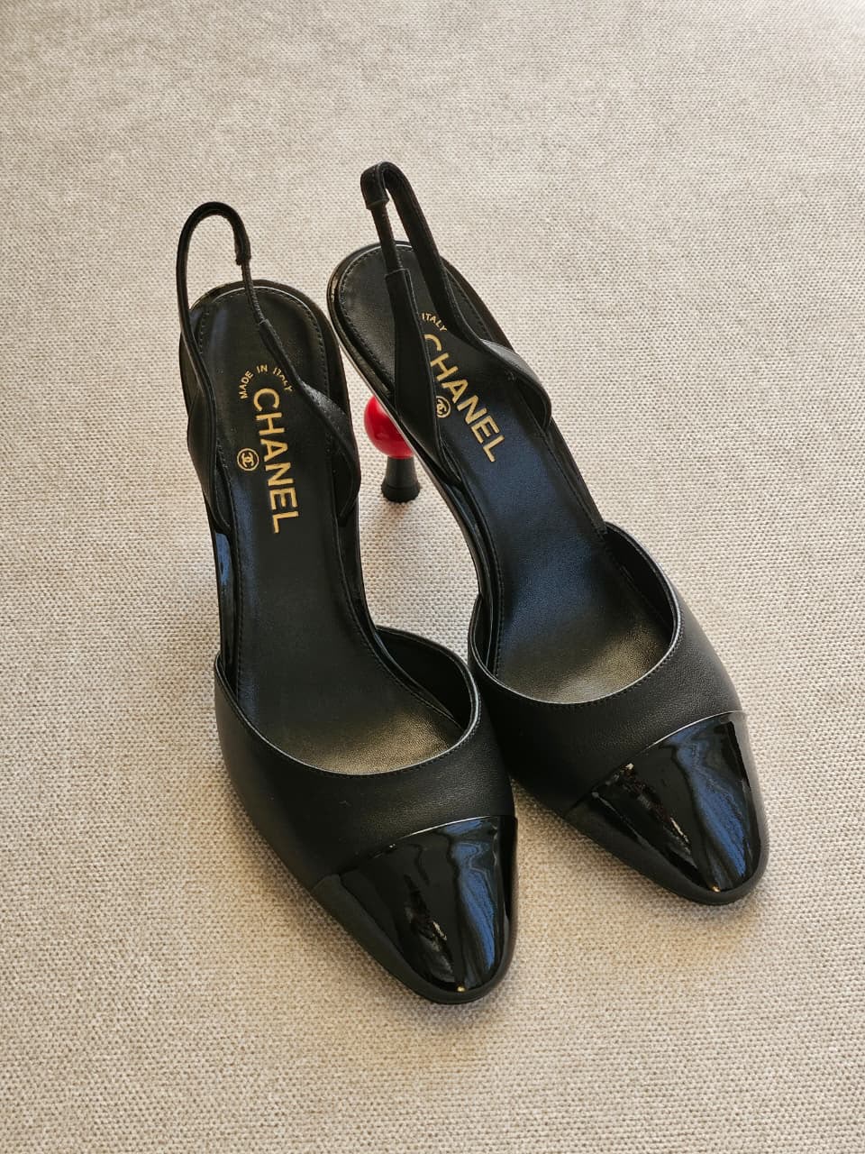 Chanel Lambskin Patent Cap Toe CC Apple Slingback Pump