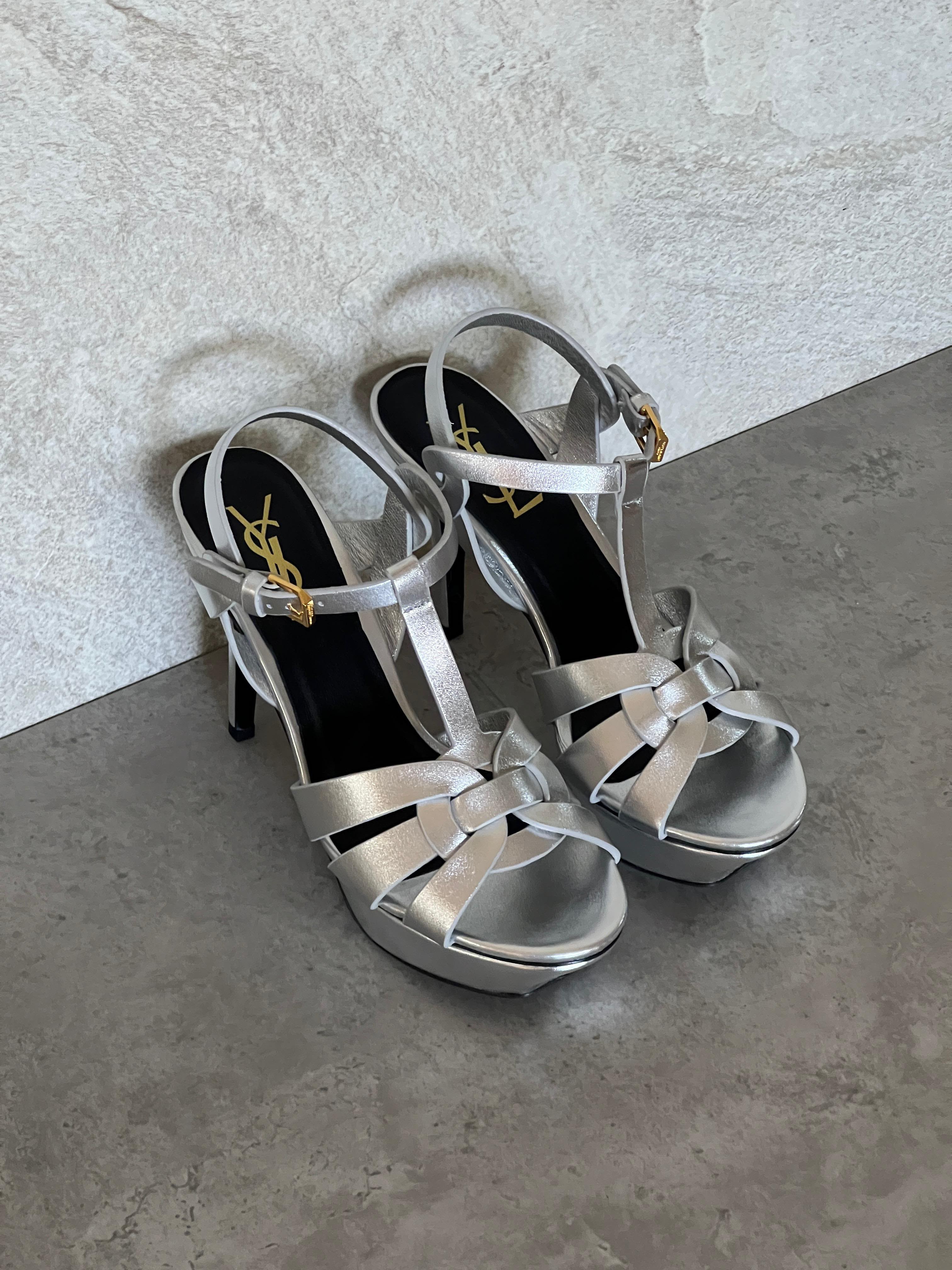 SAINT LAURENT Neutral Tribute 135 Platform Sandals