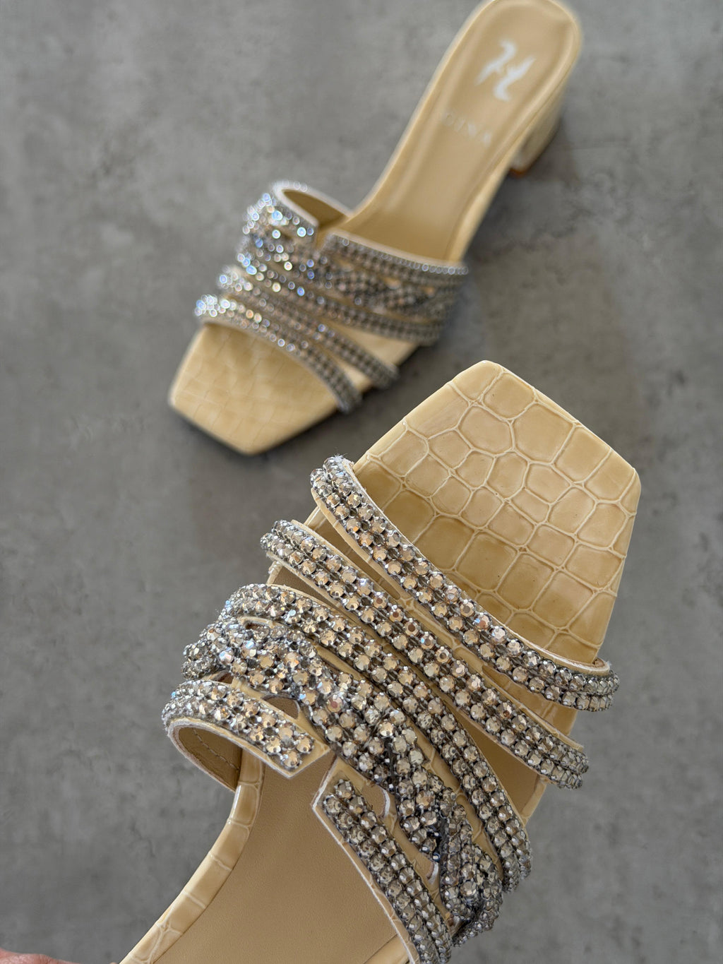 Gina Beige Croc Embossed Patent Sandals