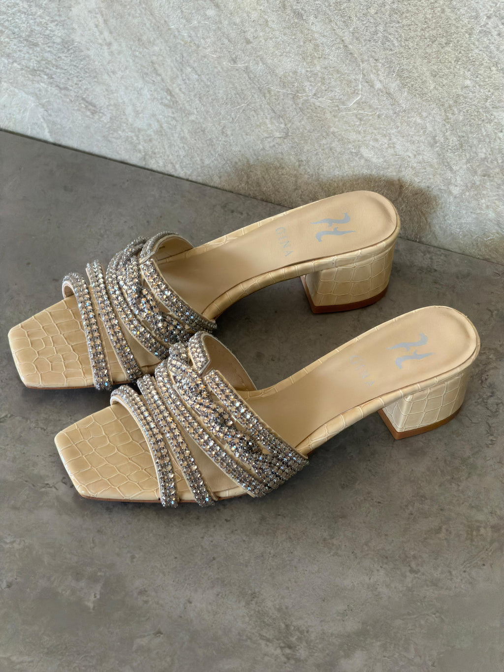 Gina Beige Croc Embossed Patent Sandals