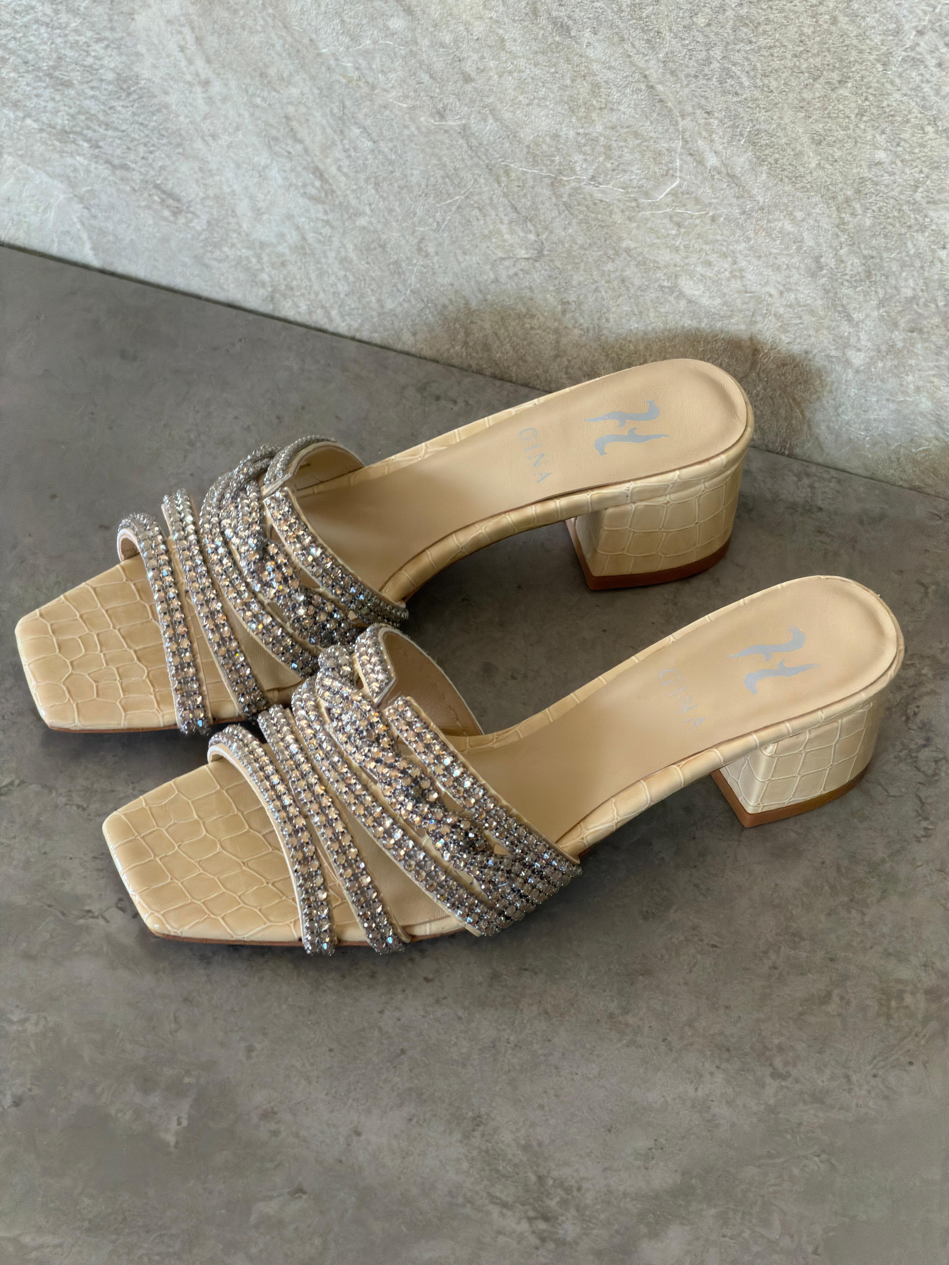 Gina Beige Croc Embossed Patent Sandals