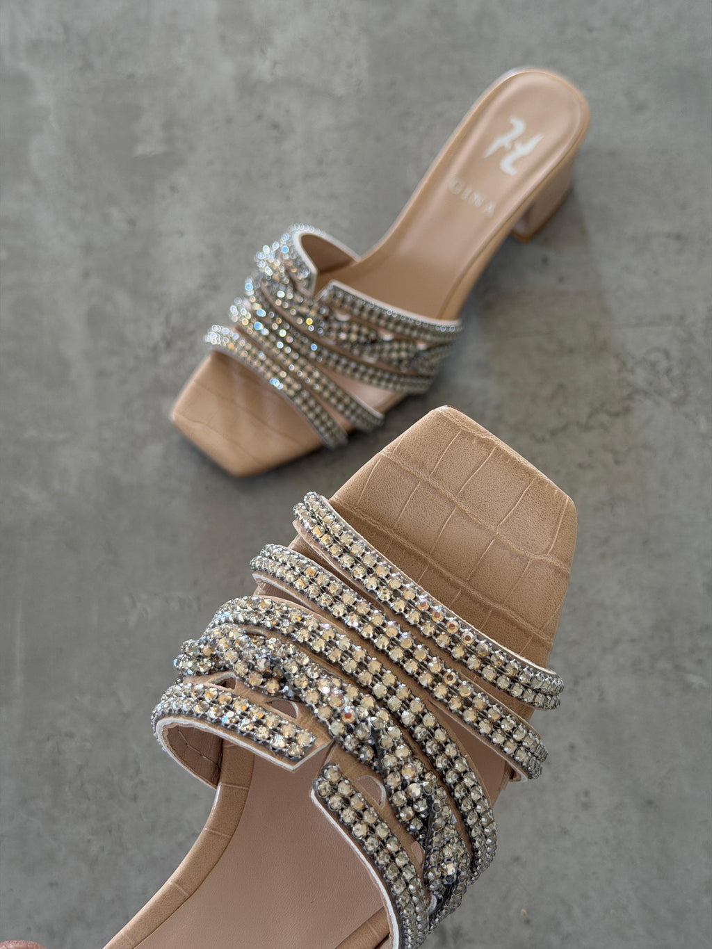 Gina Beige Croc Embossed Patent Sandals