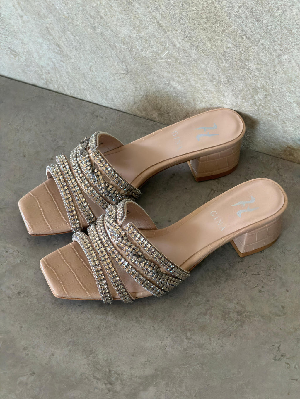 Gina Beige Croc Embossed Patent Sandals