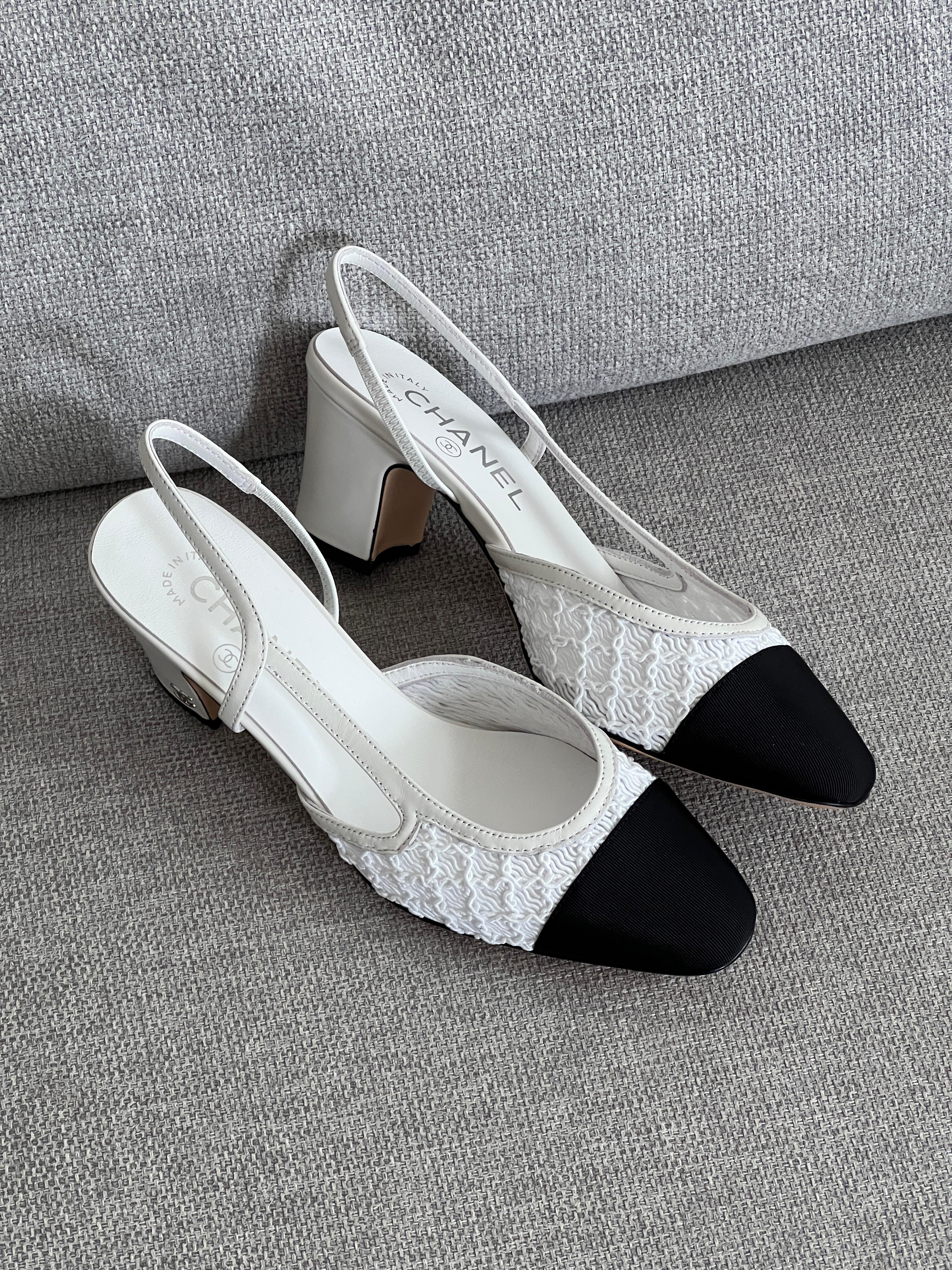 Chanel Interlocking CC Logo Lace Slingback Pumps