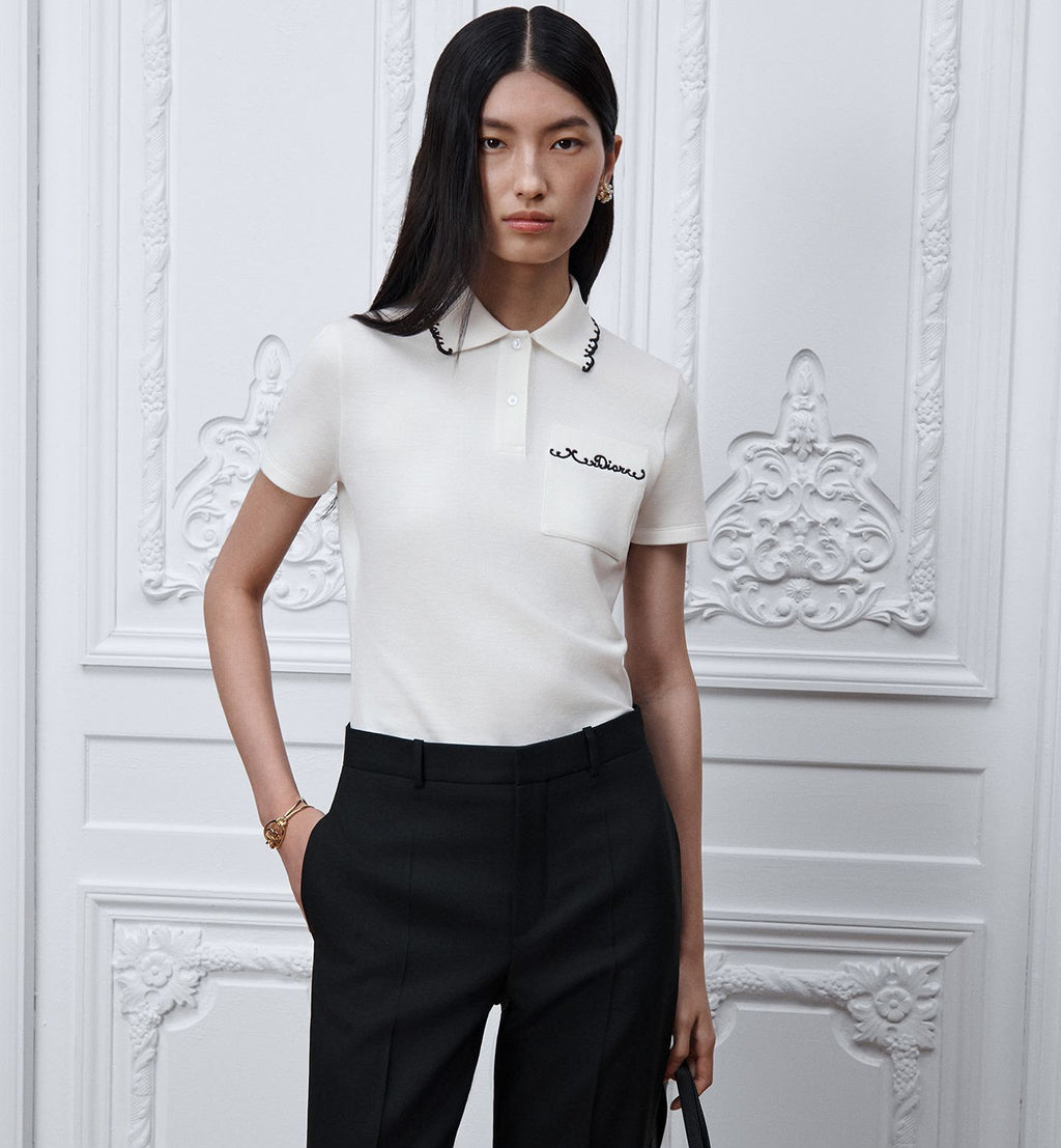 Dior Embroidered Polo Shirt White and Black Cotton