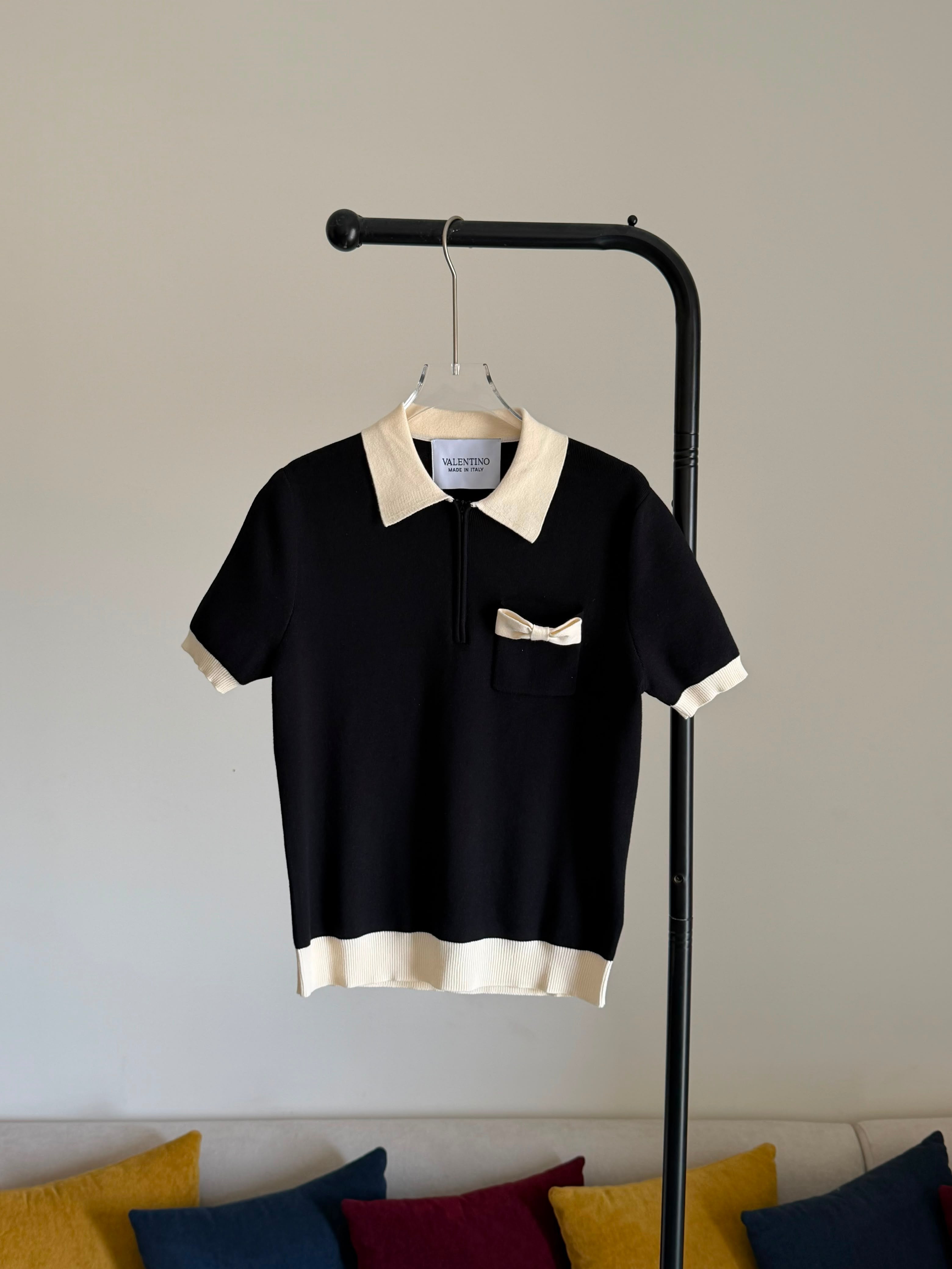 Valentino Black Cotton Bow-Detail Polo Shirt
