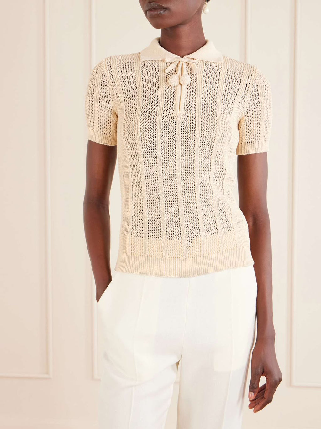 Valentino Scalloped Collar Cable-Knit Polo Shirt