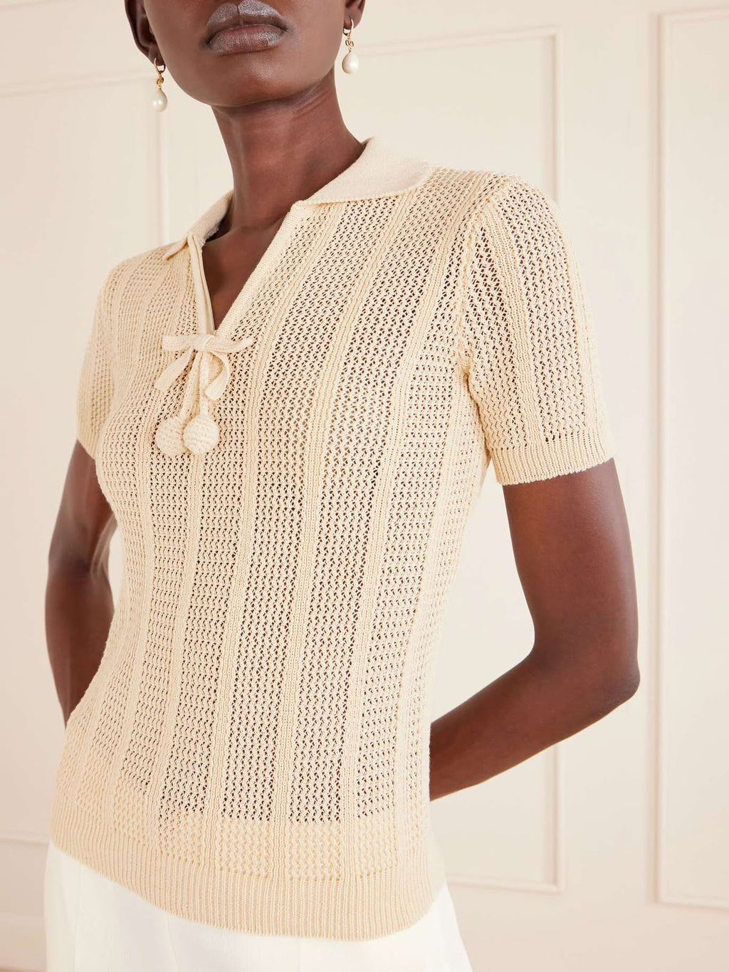 Valentino Scalloped Collar Cable-Knit Polo Shirt