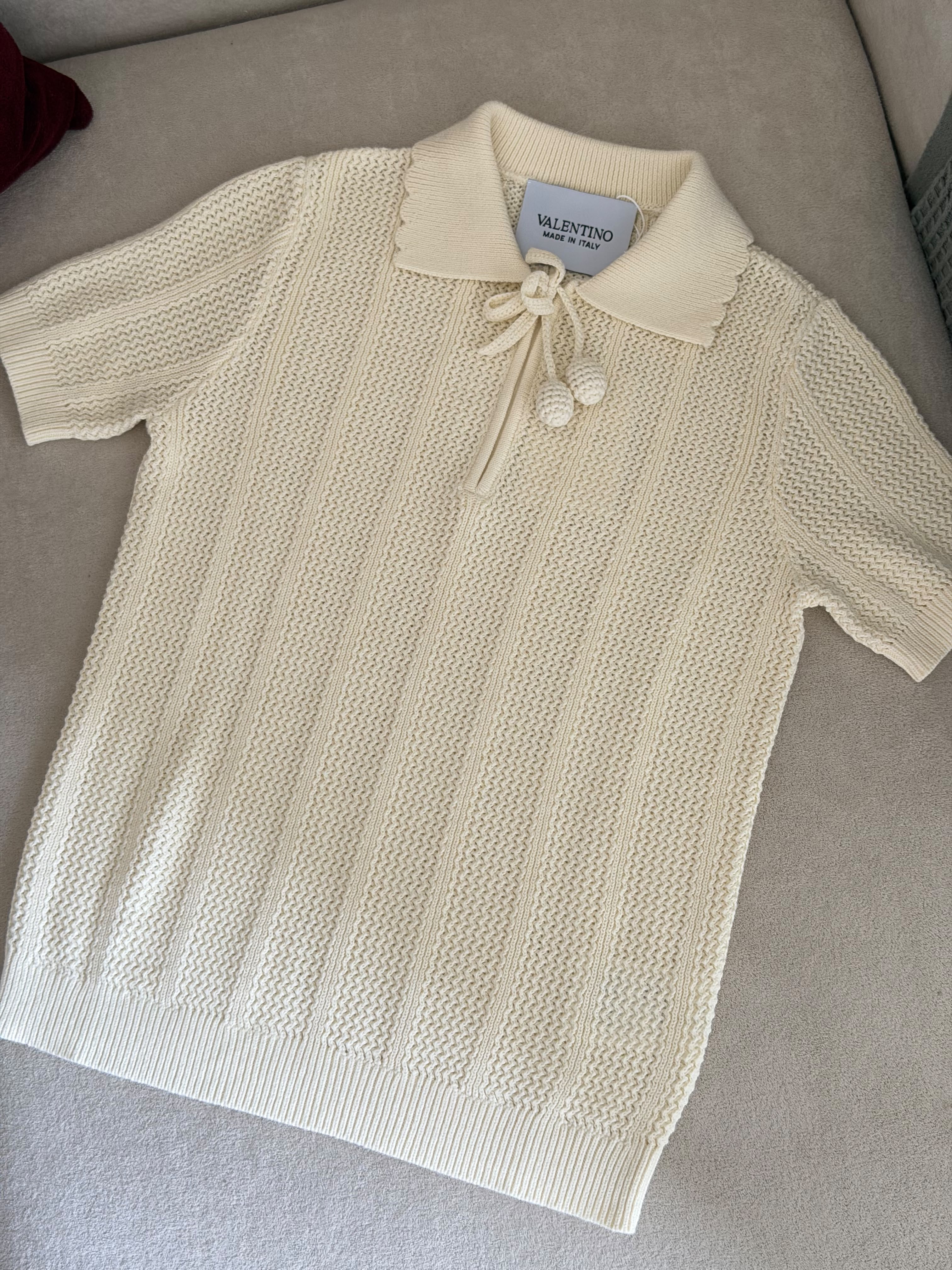 Valentino Scalloped Collar Cable-Knit Polo Shirt