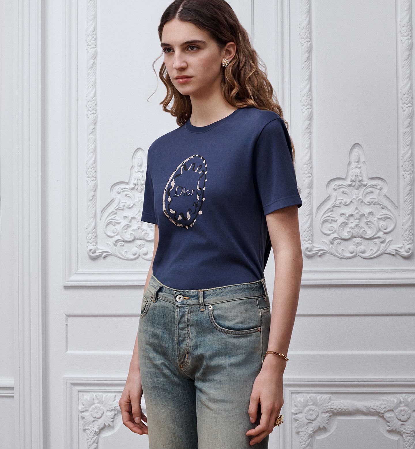 Dior Fitted T-Shirt Navy Blue Painted Ribbon Cotton Jersey