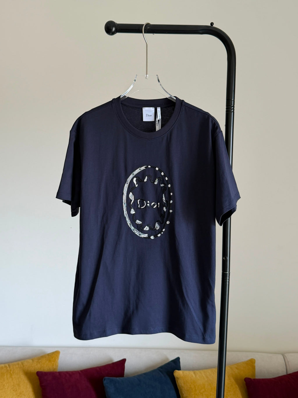 Dior Fitted T-Shirt Navy Blue Painted Ribbon Cotton Jersey