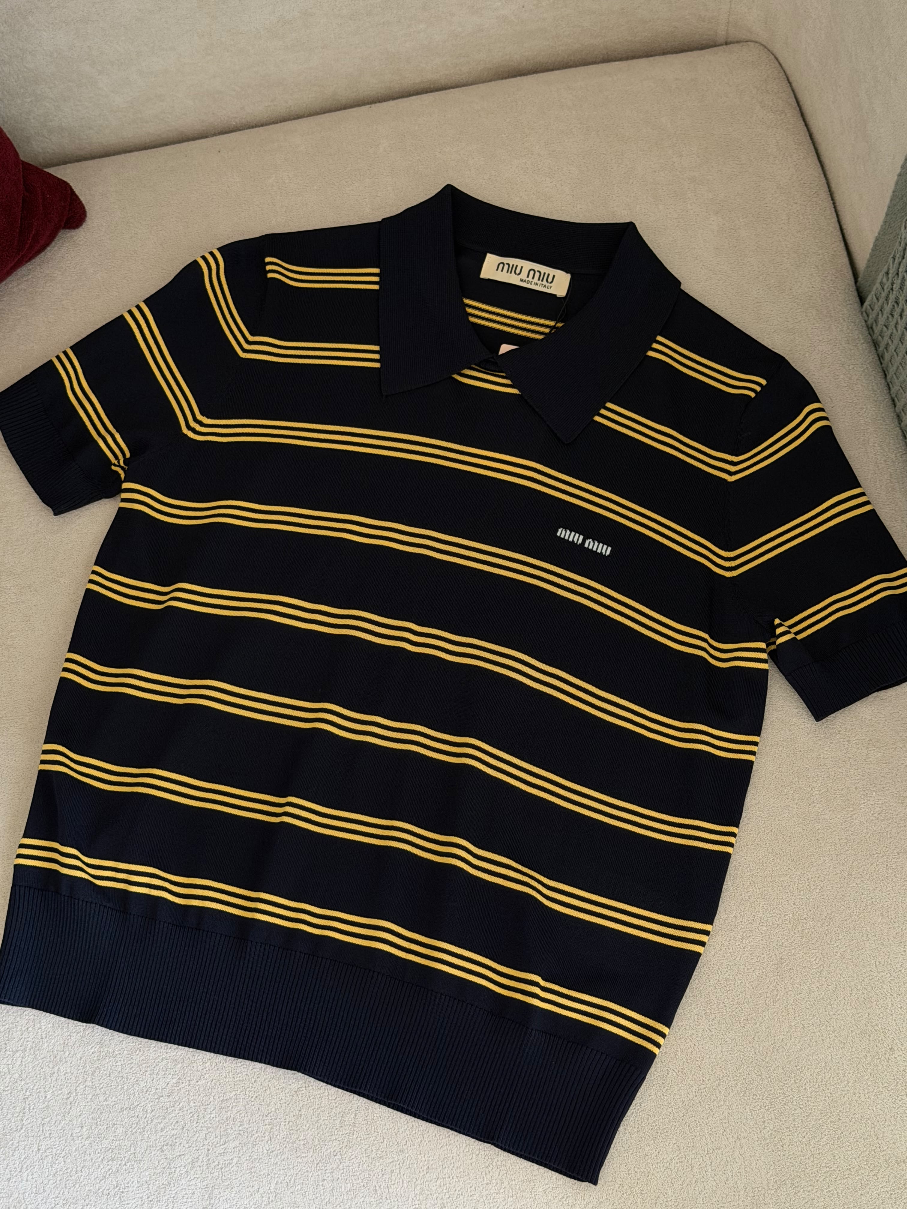Miu Miu Striped Cotton Knit Polo Shirt