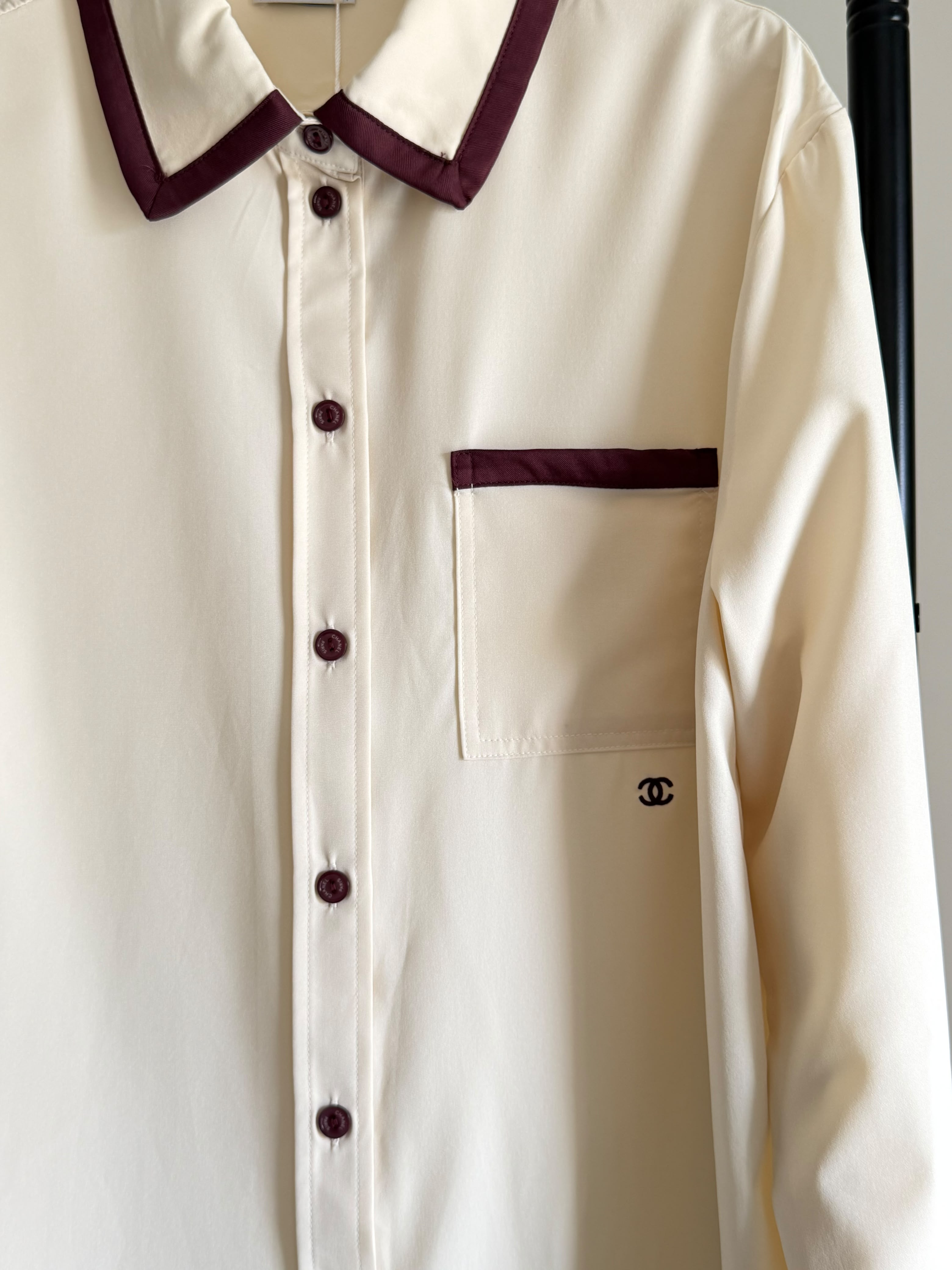 Chanel Long Sleeved Shirt in Silk Light Yellow and Burgundy