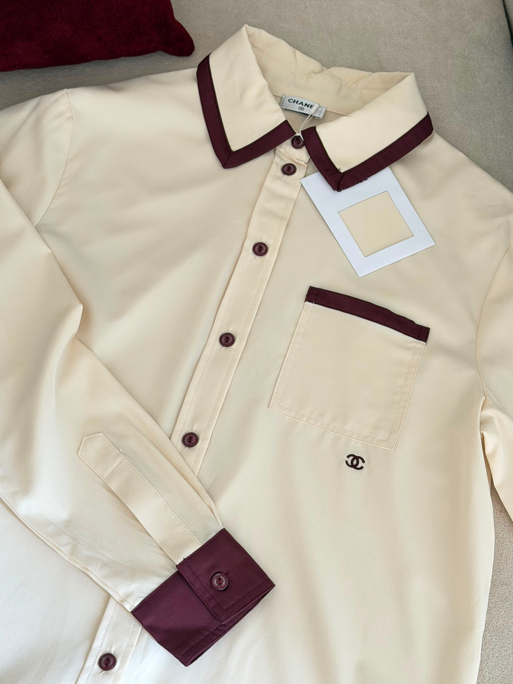 Chanel Long Sleeved Shirt in Silk Light Yellow and Burgundy