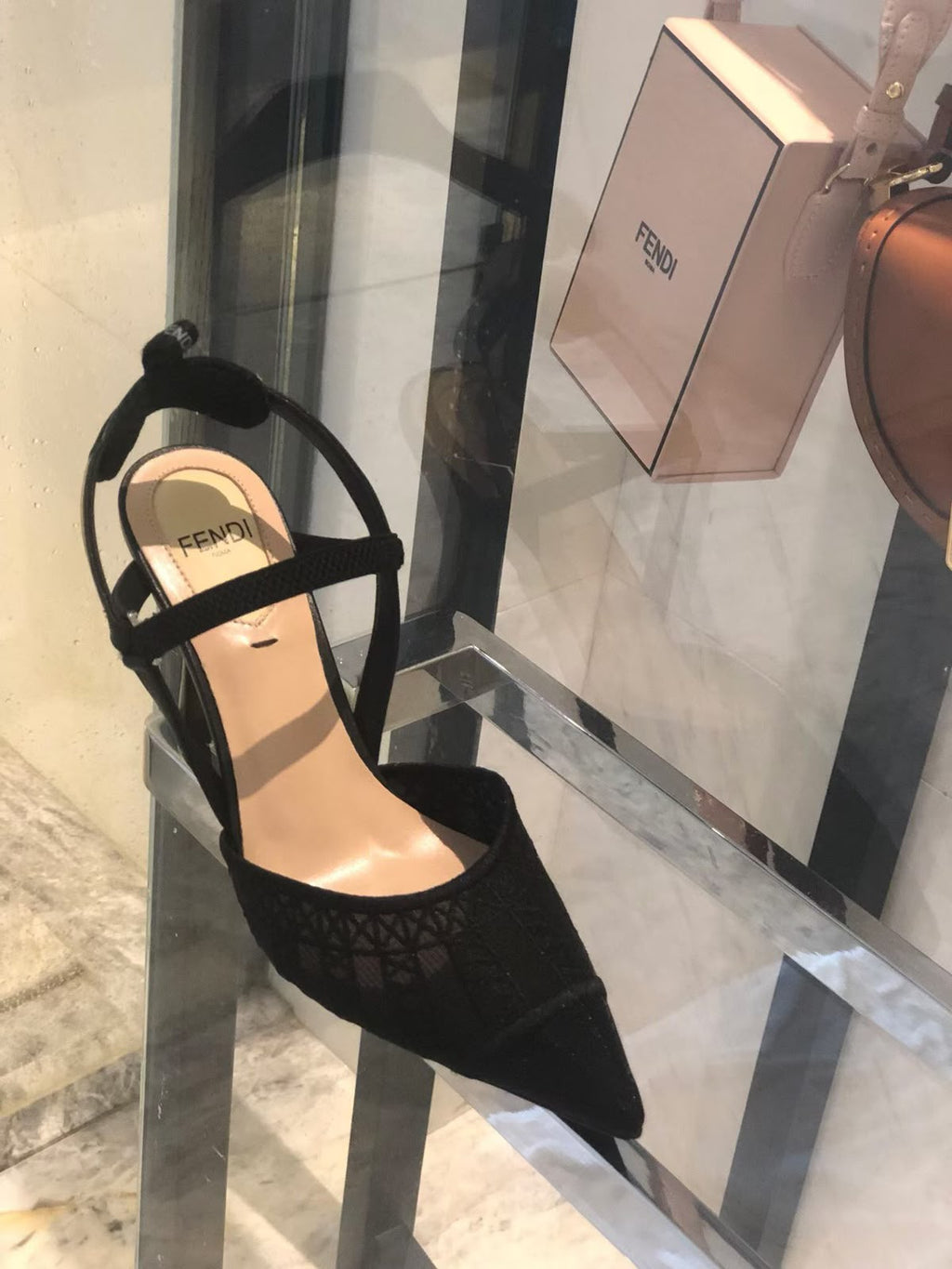 Fendi Fendi Black Lace and Leather Colibri Lite Slingback Pumps