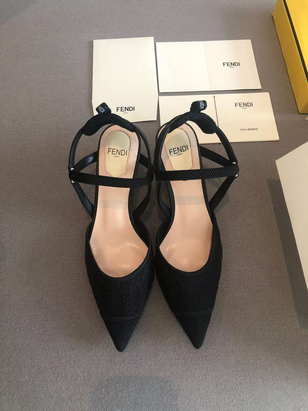 Fendi Fendi Black Lace and Leather Colibri Lite Slingback Pumps