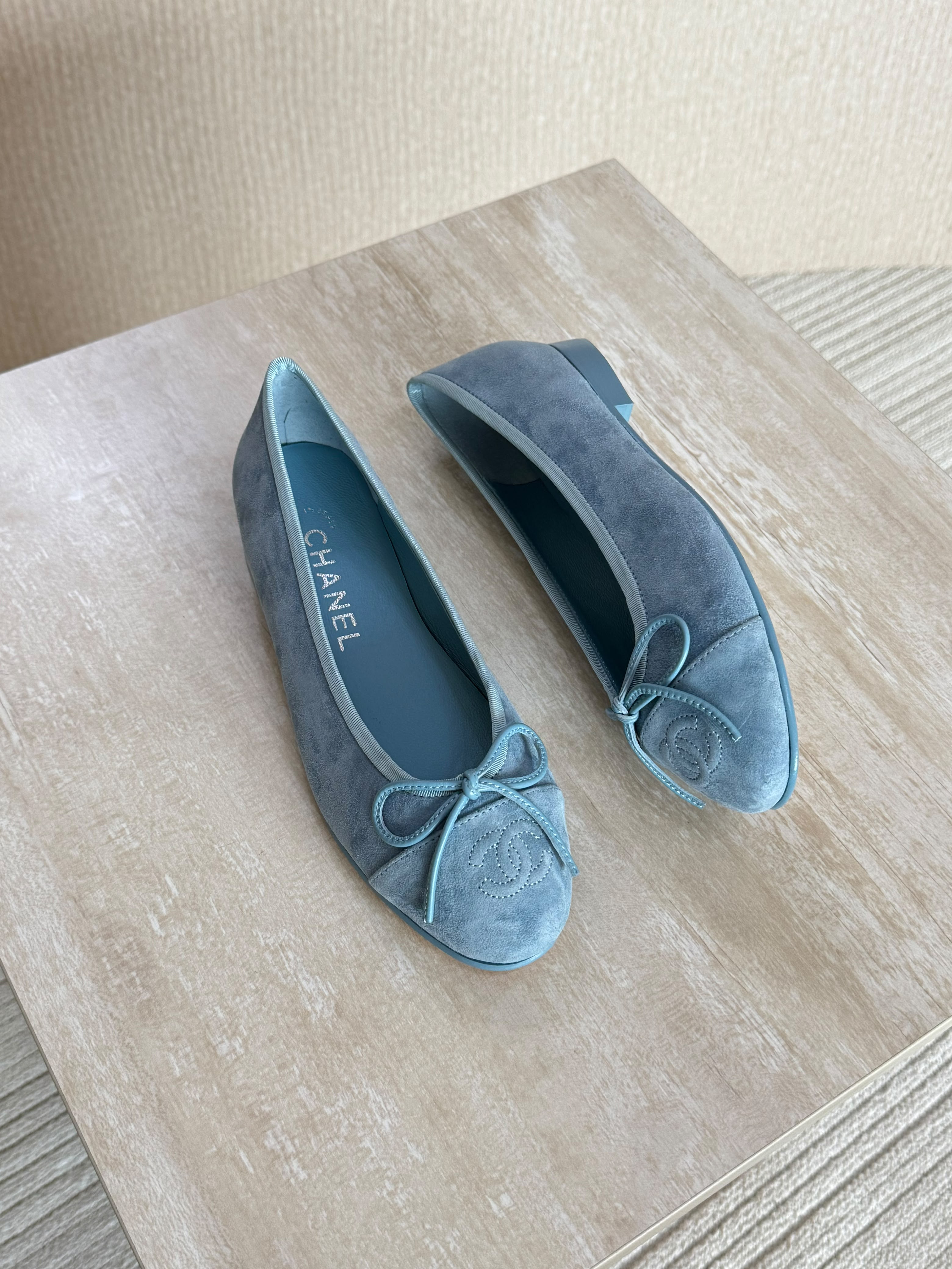 Chanel Suede Calfskin Cap Toe CC Ballerina Flats