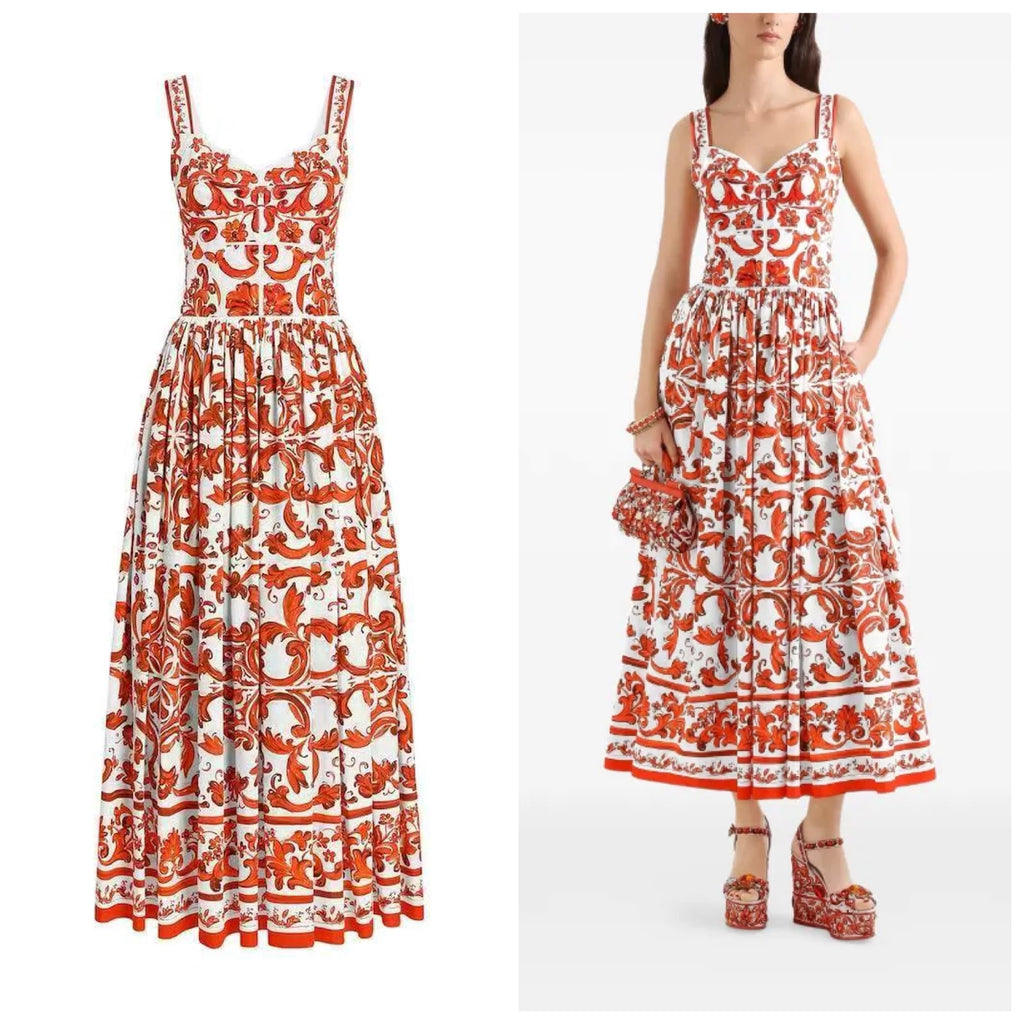 Dolce & Gabbana Majolica Print Long Poplin Dress