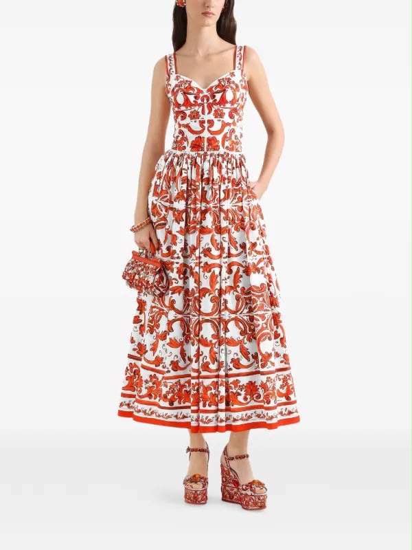 Dolce & Gabbana Majolica Print Long Poplin Dress