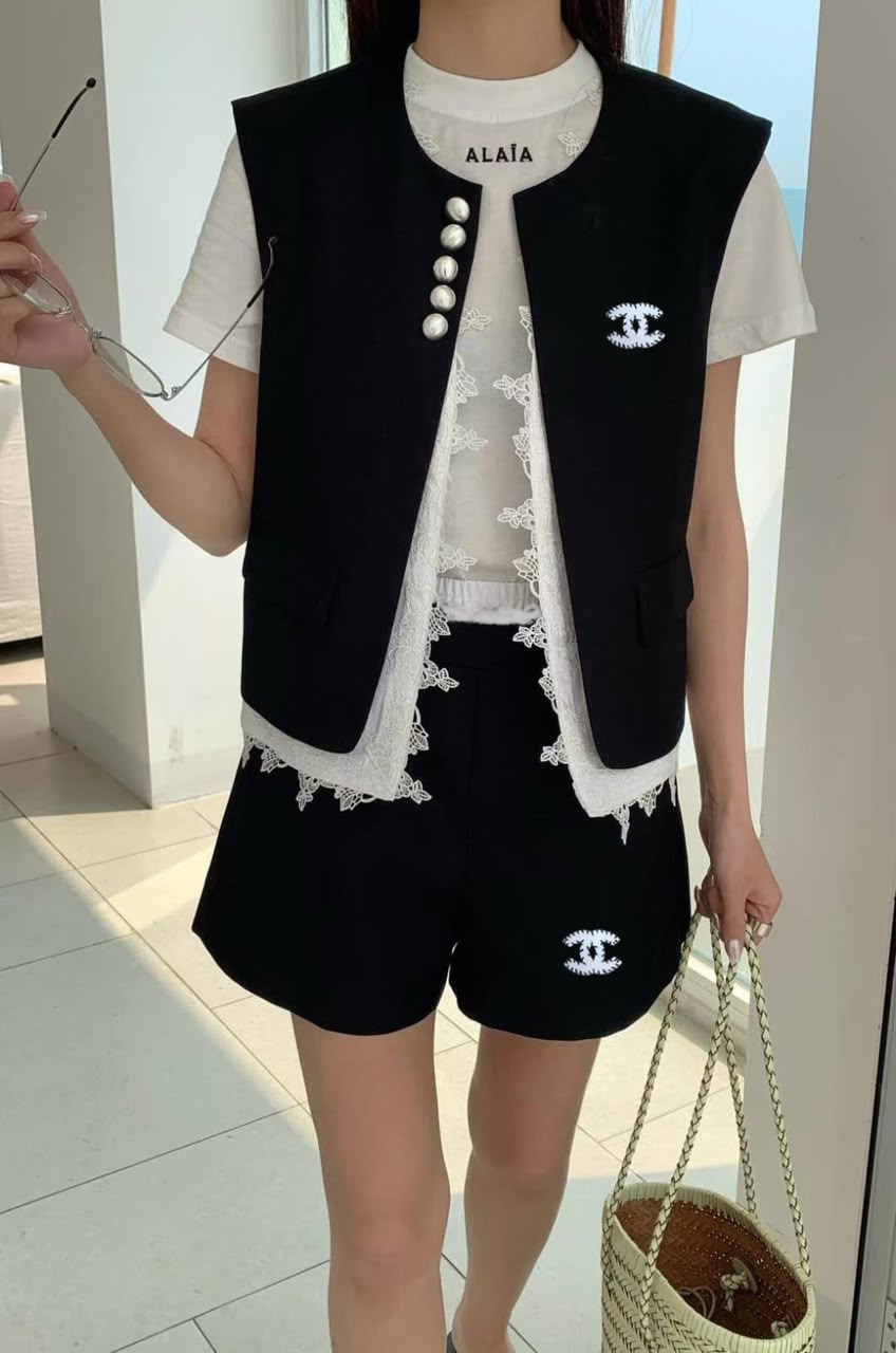Chanel Black Sleeveless Vest with Pearl Set