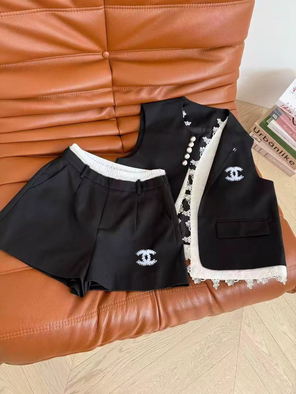 Chanel Black Sleeveless Vest with Pearl Set